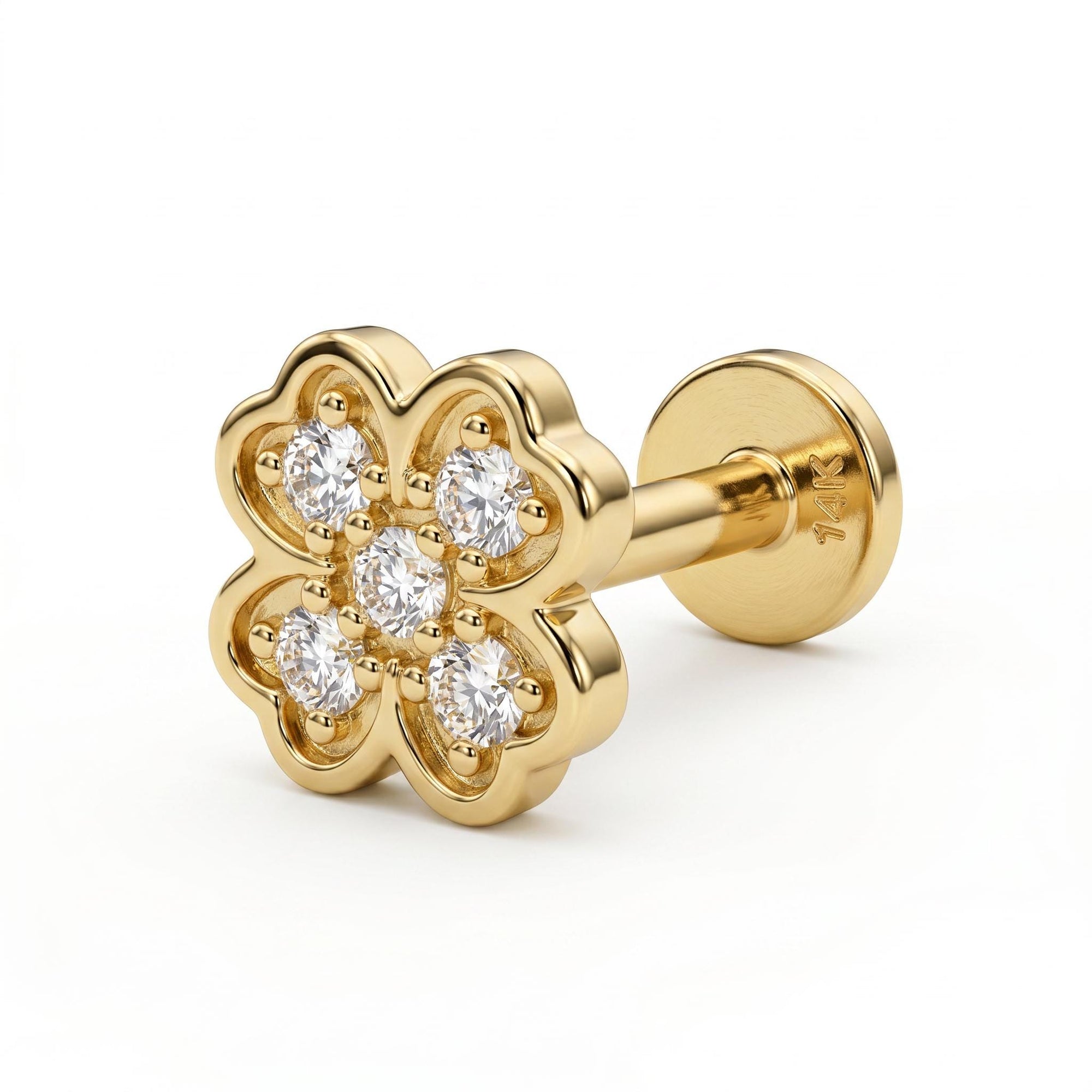 Four Leaf Clover Cz Flat Back Stud 14k Solid Gold, Luck Symbol Stack Earring - Melt'm Jewelry