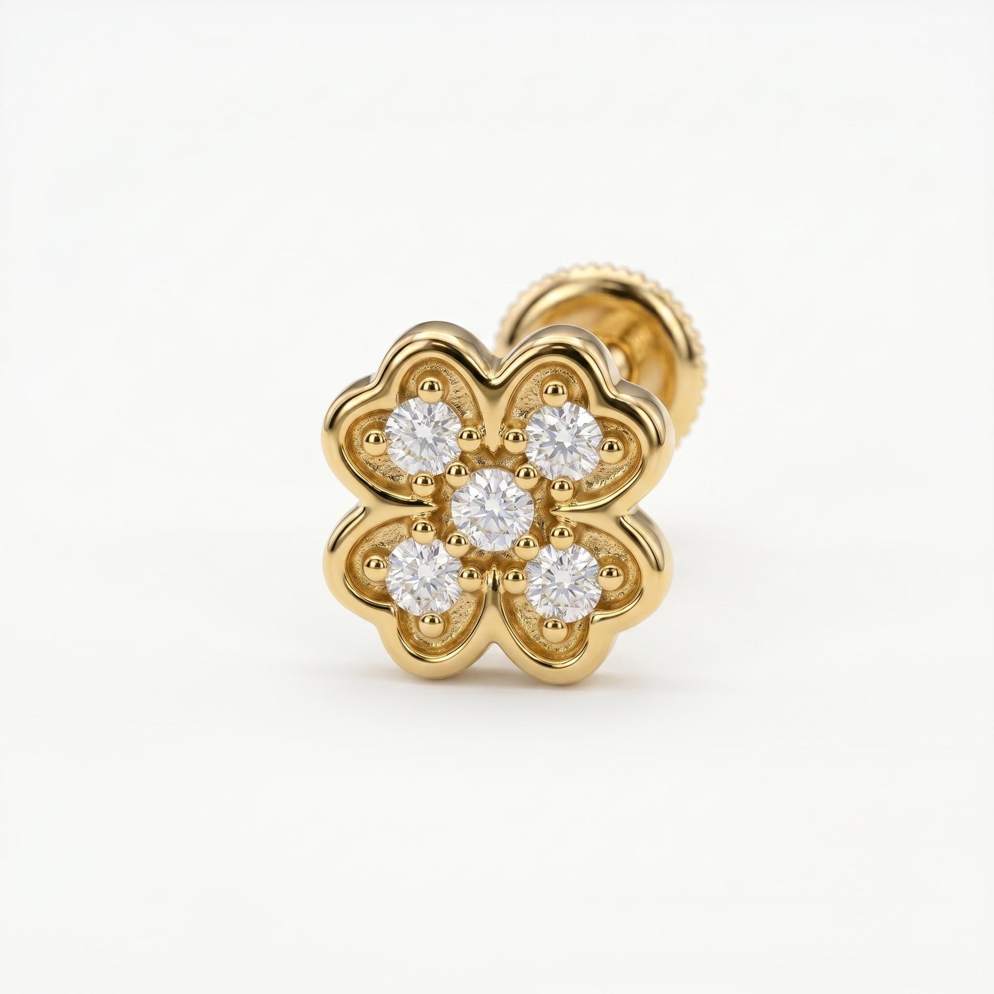 Four Leaf Clover Cz Flat Back Stud 14k Solid Gold, Luck Symbol Stack Earring - Melt'm Jewelry