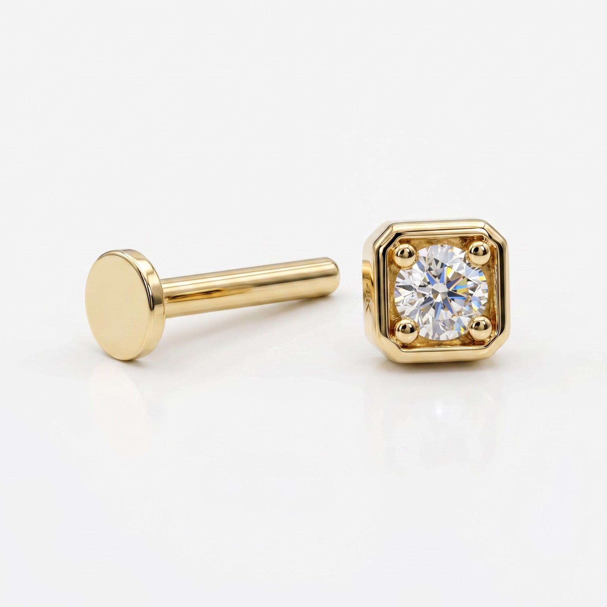 Cz Square Flat Back Earrings 14k Solid Gold, Internally Threaded Earrings (SINGLE or PAIR) - Melt'm Jewelry
