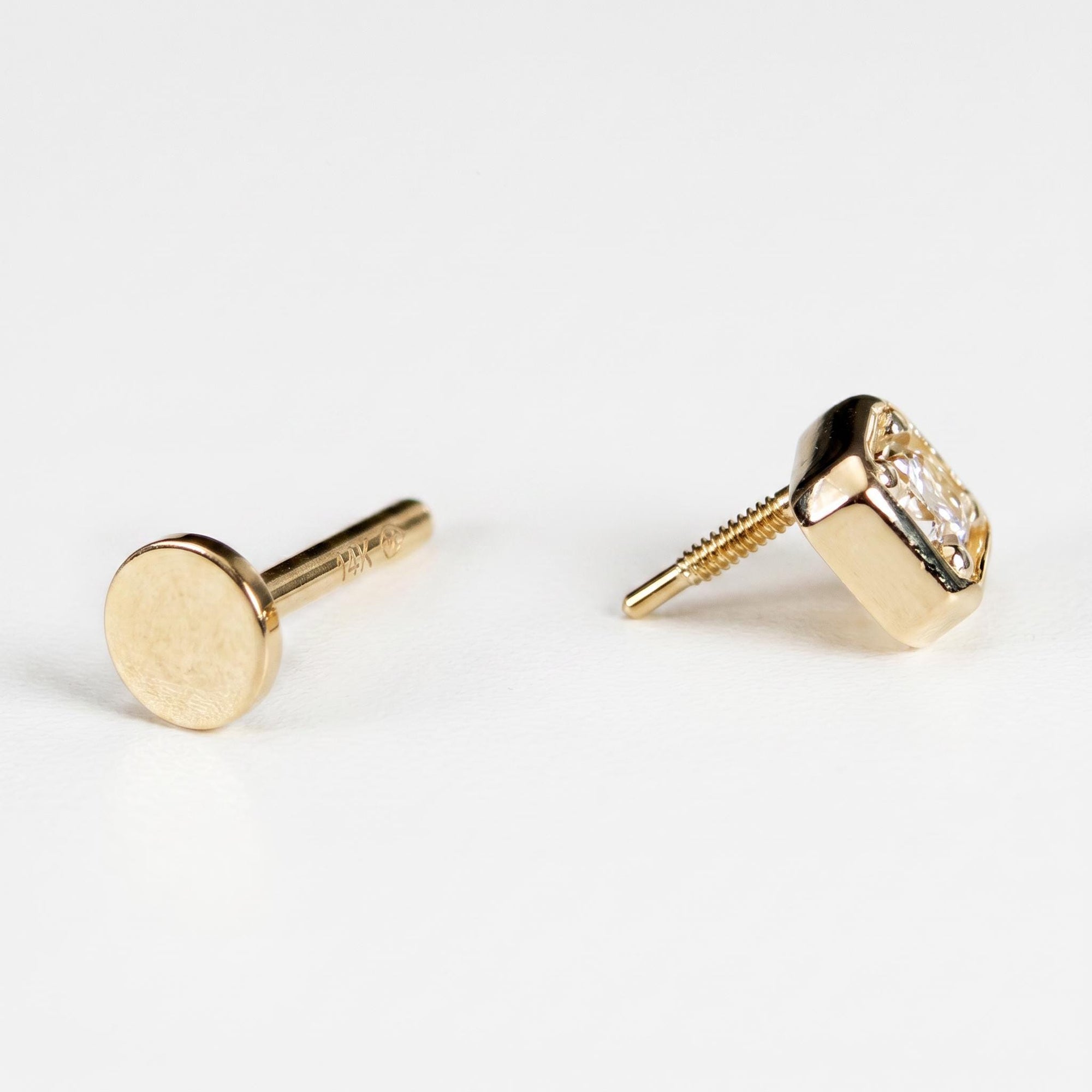 Cz Square Flat Back Earrings 14k Solid Gold, Internally Threaded Earrings (SINGLE or PAIR)