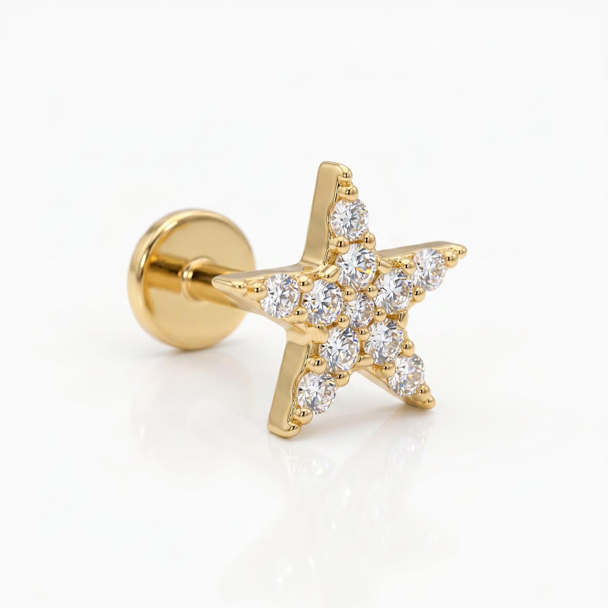 CZ Diamond Star Earring 14k Solid Gold, Internally Threaded Flat Back Earring (SINGLE) - Melt'm Jewelry