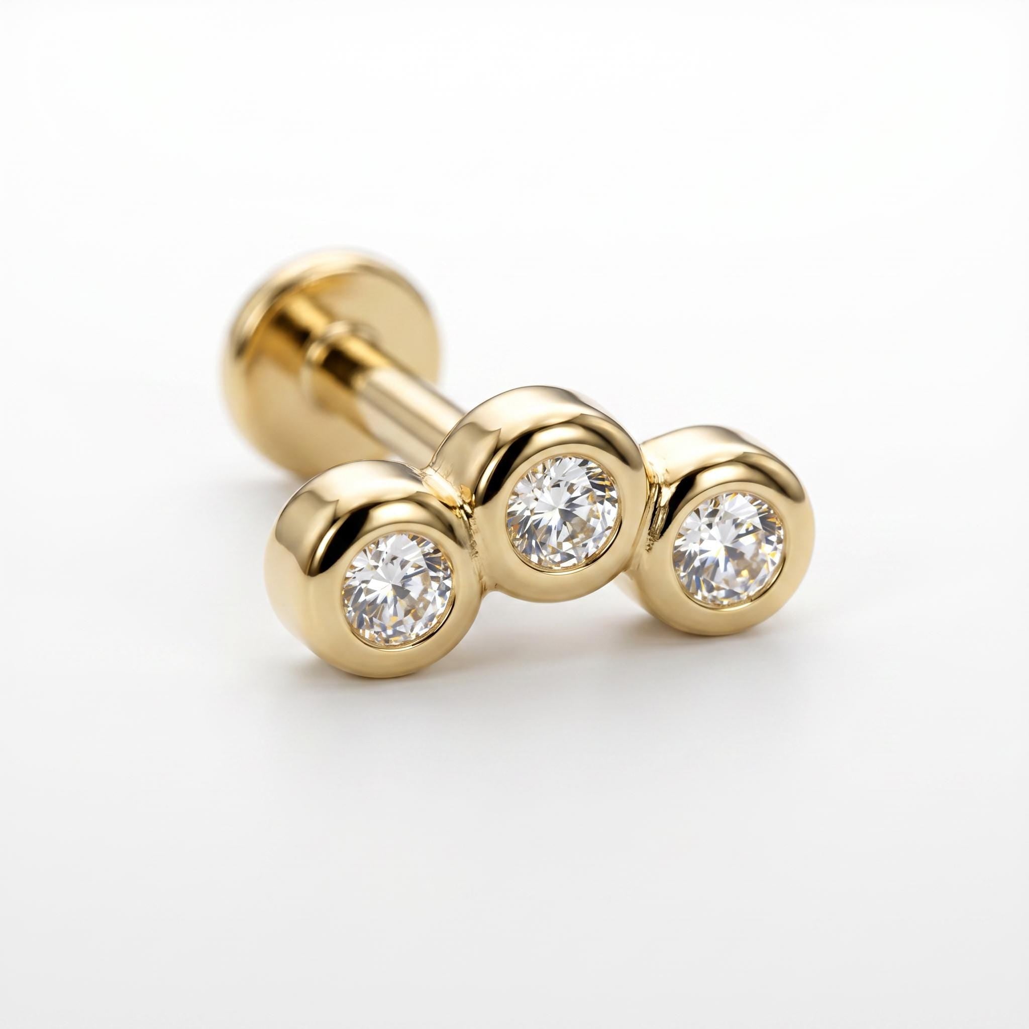 Three Bezel CZ Stone Curve Bar Ear Piercing 14k Solid Gold Flat