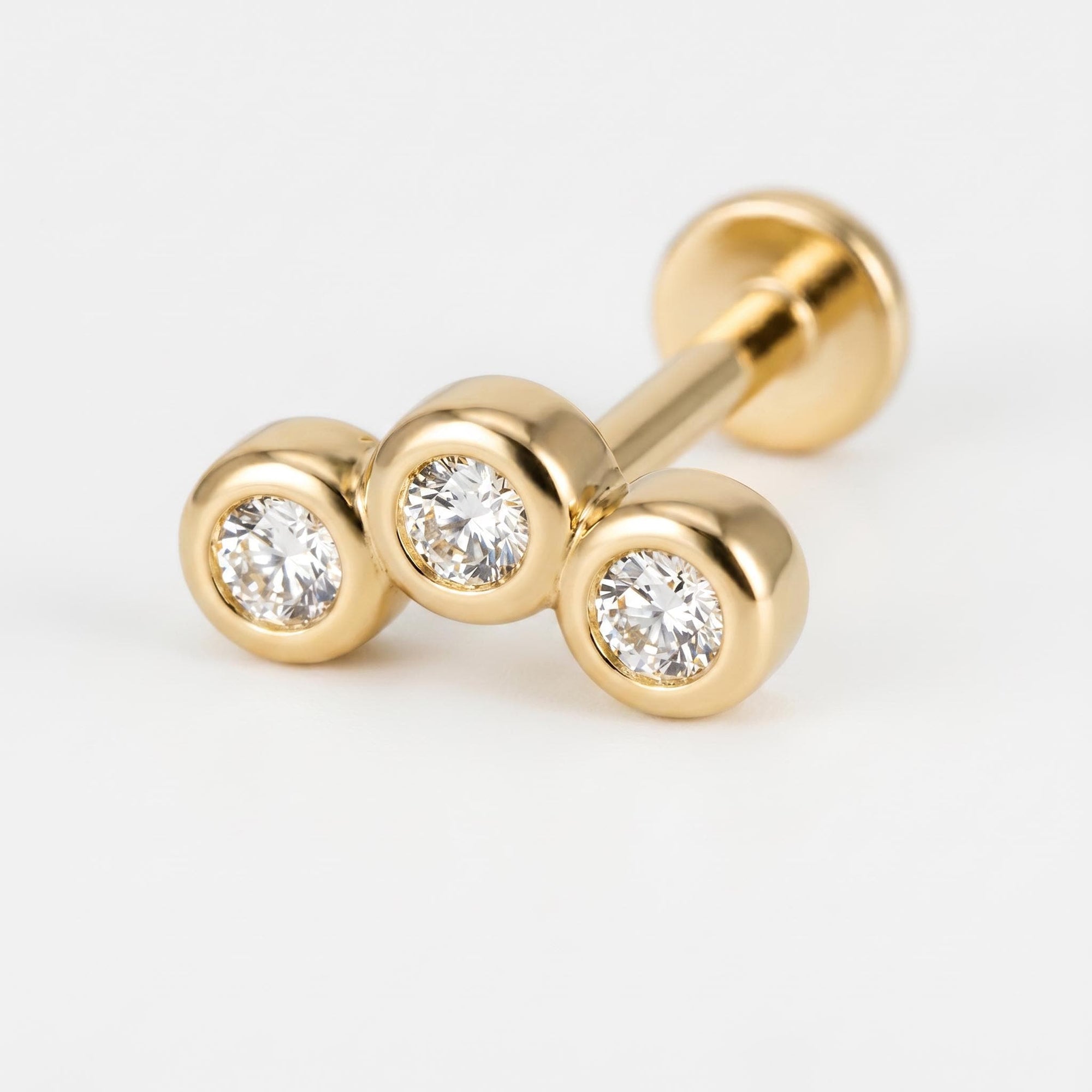 Three Bezel CZ Stone Curve Bar Ear Piercing 14k Solid Gold Flat Back (SINGLE or PAIR) - Melt'm Jewelry