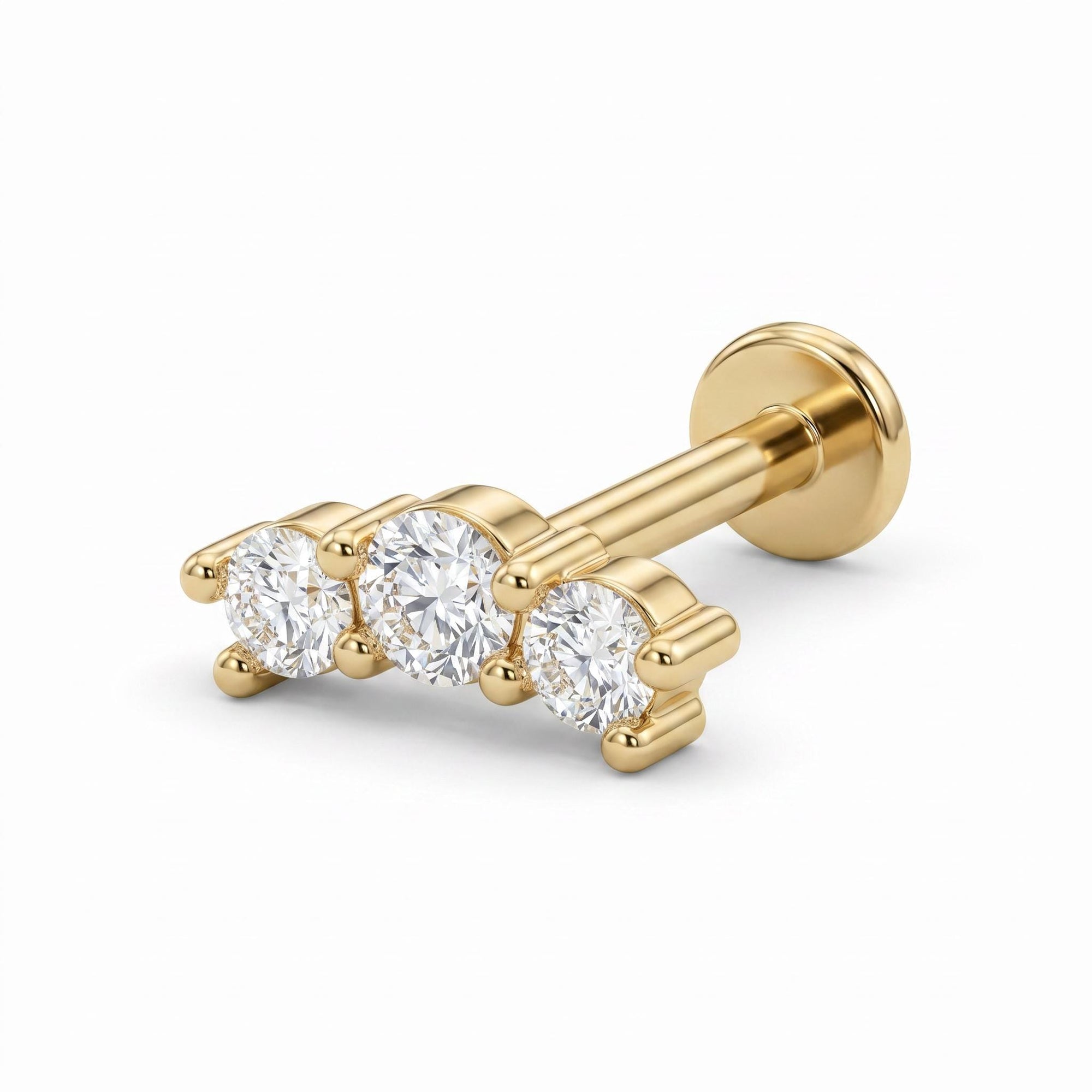 Three Stone Bar Ear Piercing 14k Solid Gold, Flat Back Earrings (SINGLE or PAIR) - Melt'm Jewelry