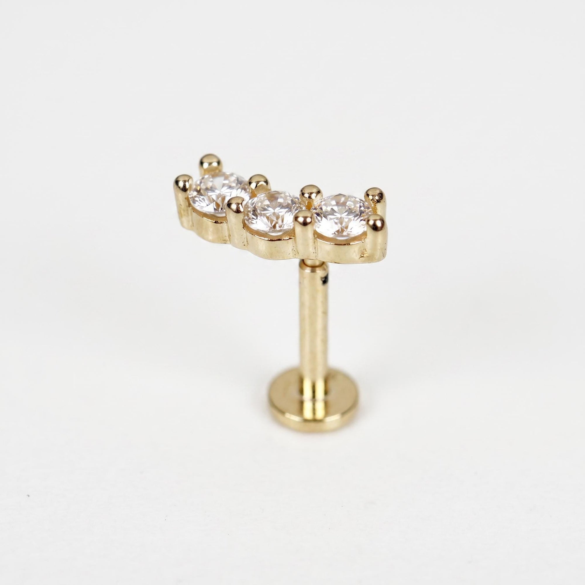 Three Stone Bar Ear Piercing 14k Solid Gold, Flat Back Earrings (SINGLE or PAIR) - Melt'm Jewelry