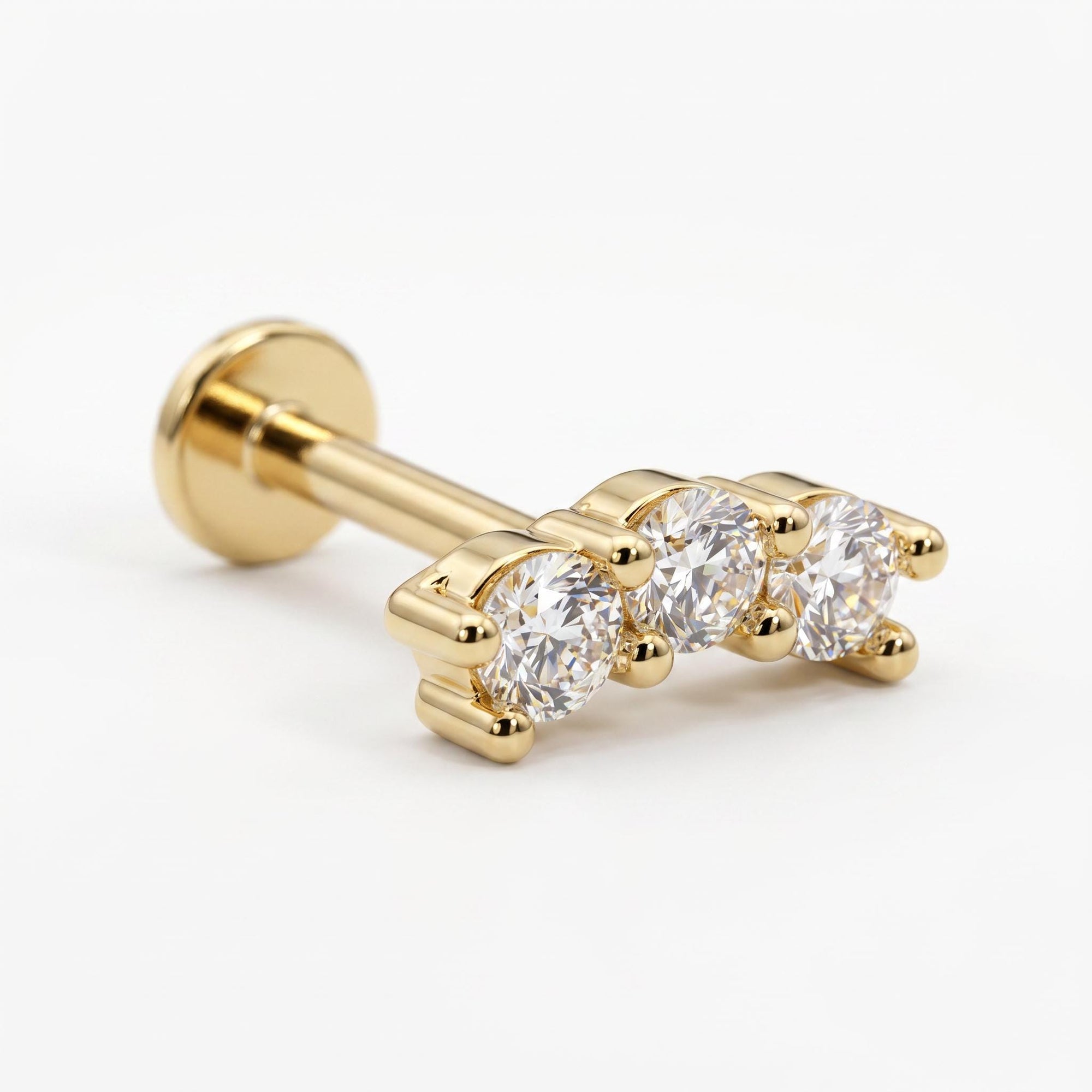 Three Stone Bar Ear Piercing 14k Solid Gold, Flat Back Earrings (SINGLE or PAIR) - Melt'm Jewelry