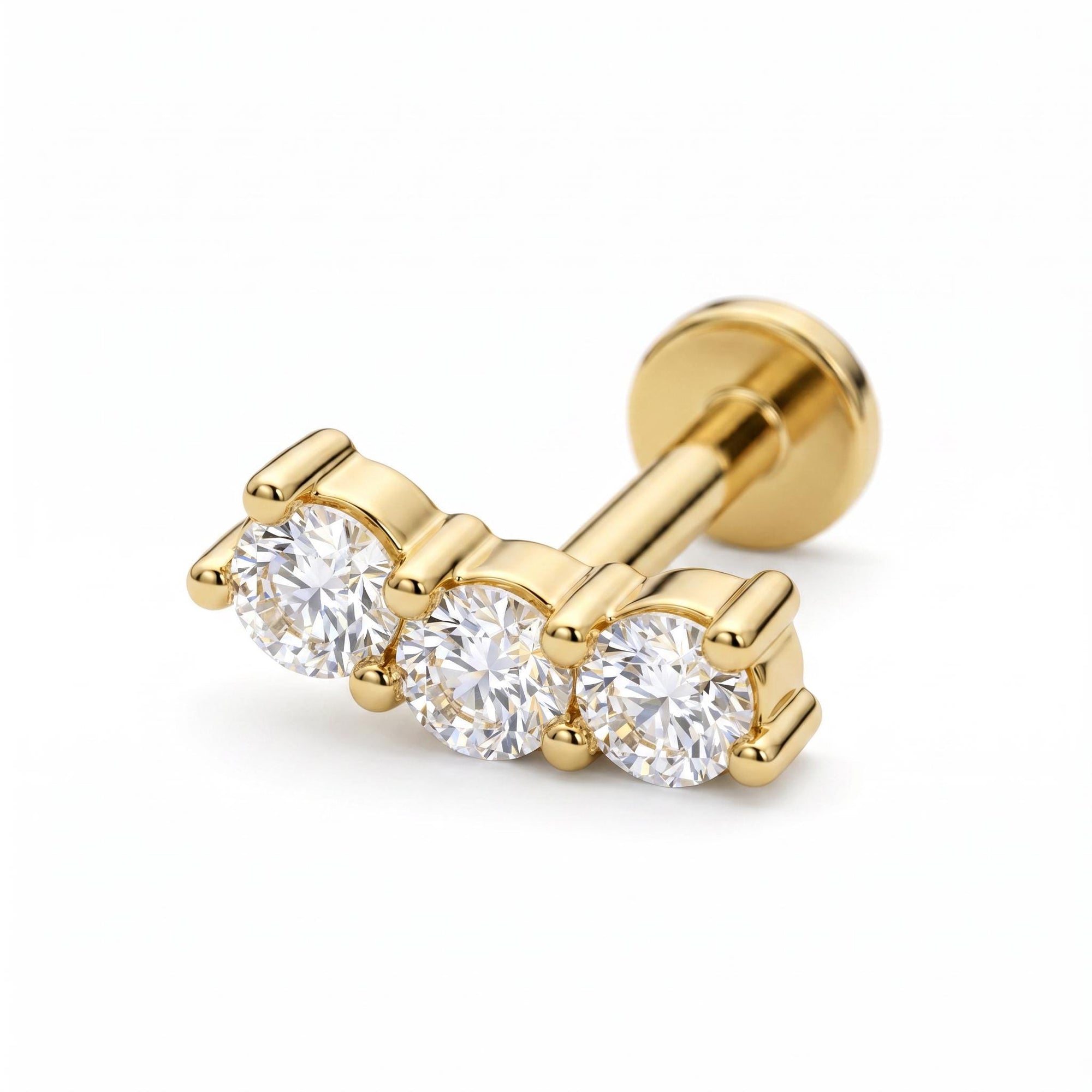 Three Stone Bar Ear Piercing 14k Solid Gold, Flat Back Earrings (SINGLE or PAIR) - Melt'm Jewelry
