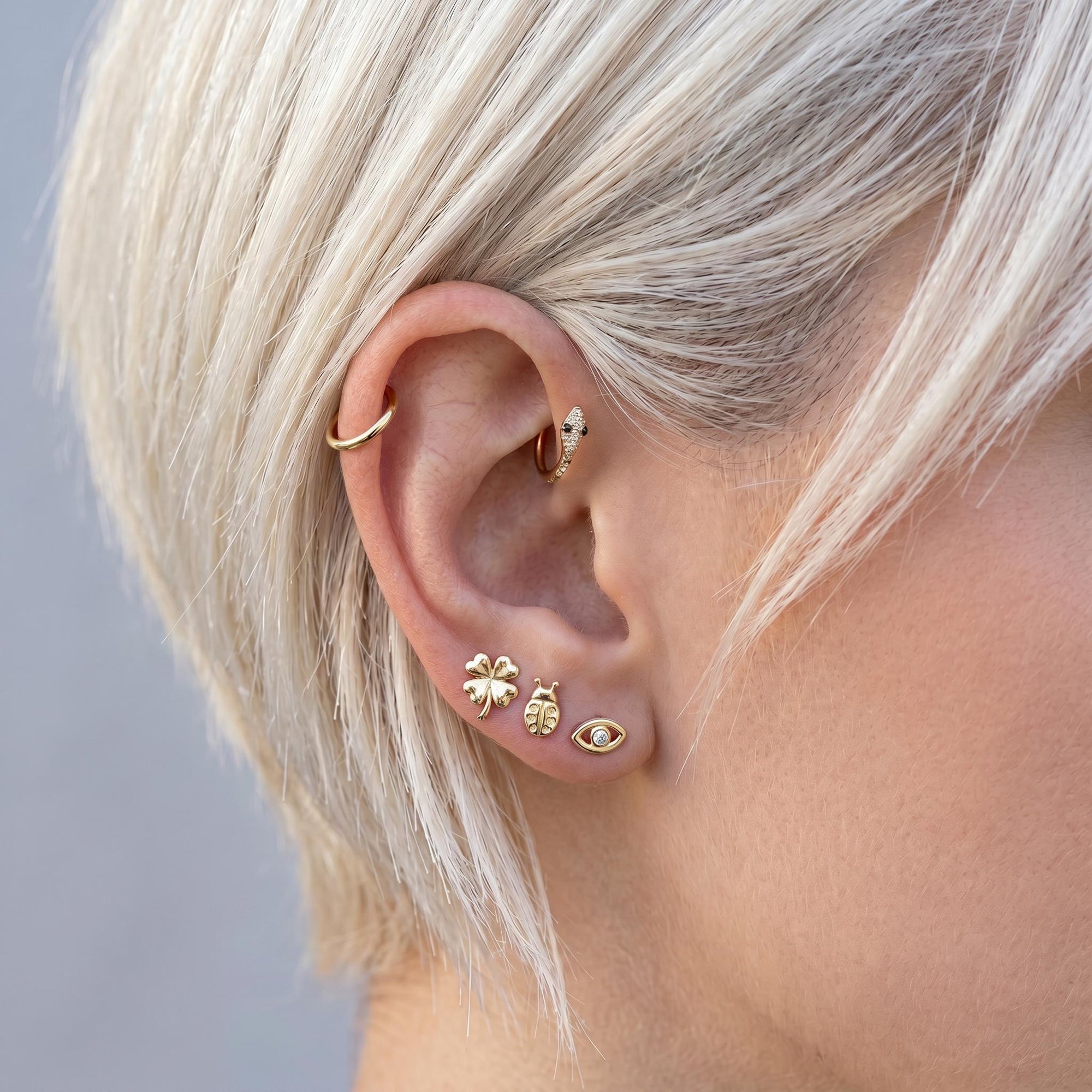 Four Leaf Clover Flat Back Stud 14k Solid Gold, Luck Symbol Stack Earrings - Melt'm Jewelry