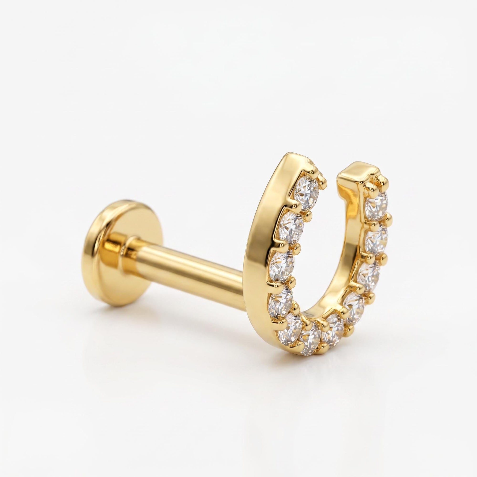 Cz Horseshoe Earring 14k Solid Gold, Internally Threaded Flat Back Cartilage Earring - Melt'm Jewelry