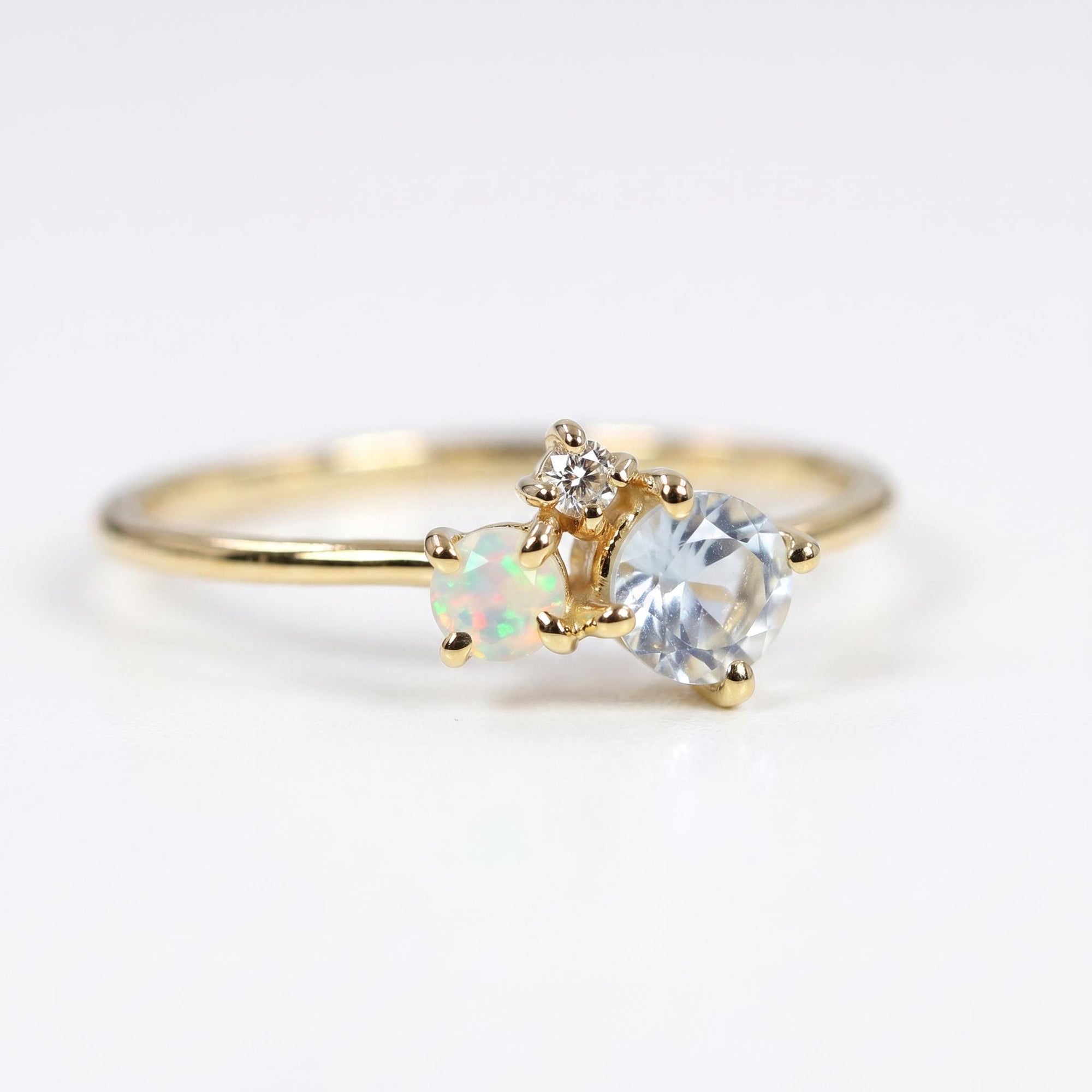 Dainty Aquamarine Opal and Diamond Cluster Ring - Melt'm Jewelry
