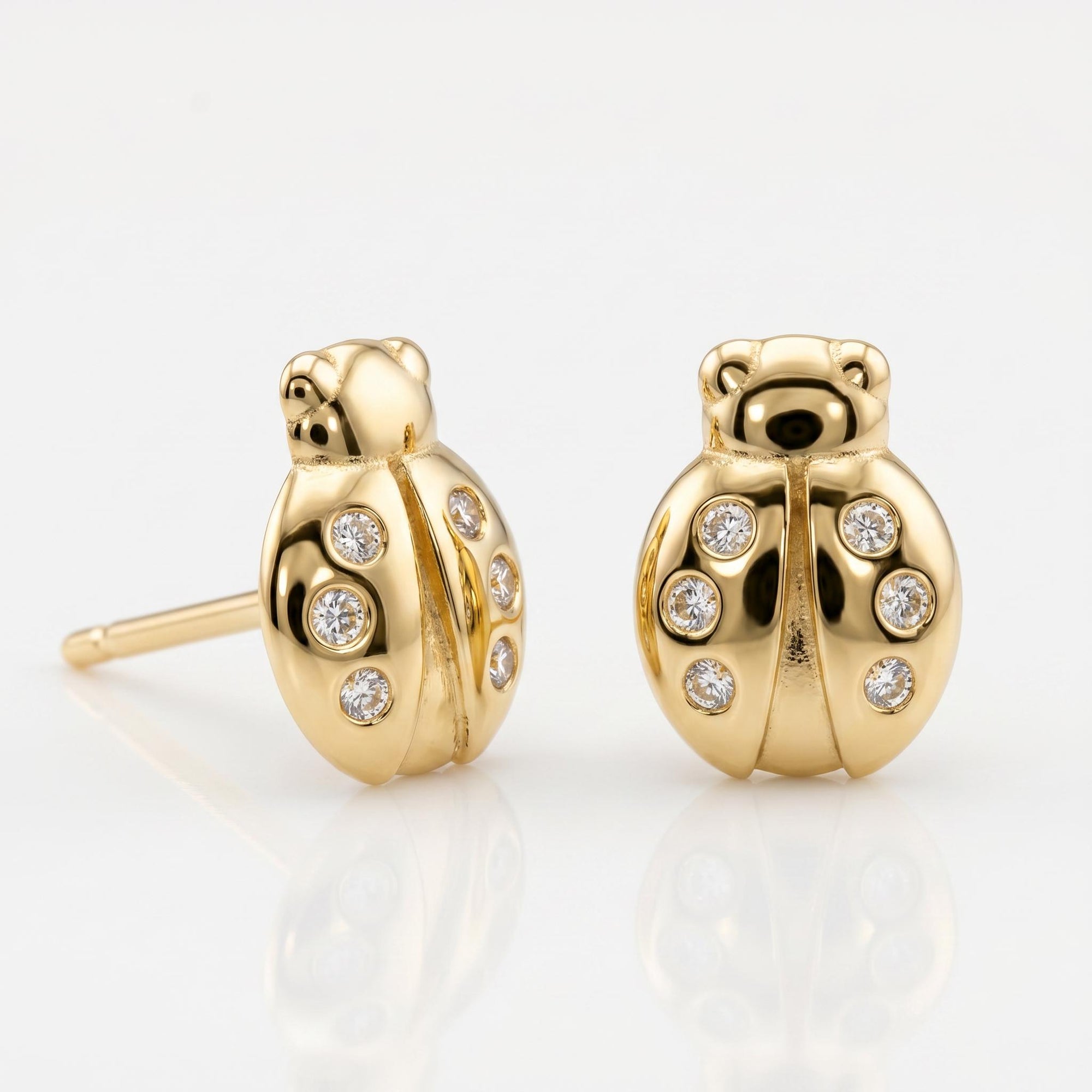 Diamond Lady Bug Stud Earrings in 14k Gold
