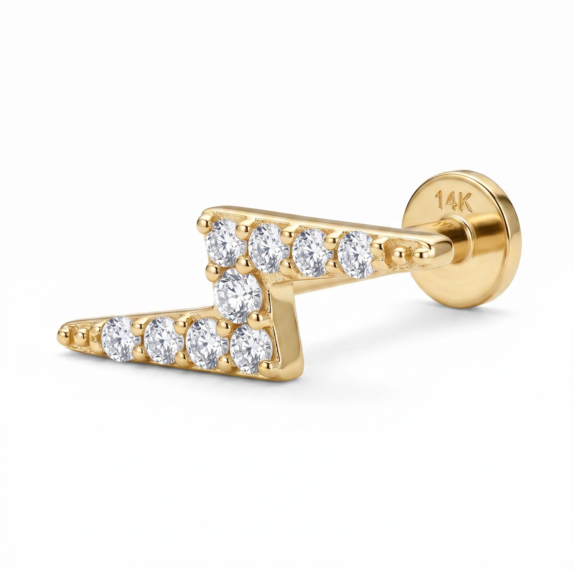 Lightning Bolt Flat Back Earring 14k Solid Gold, CZ Lightning Bolt Jewelry (SINGLE or PAIR)