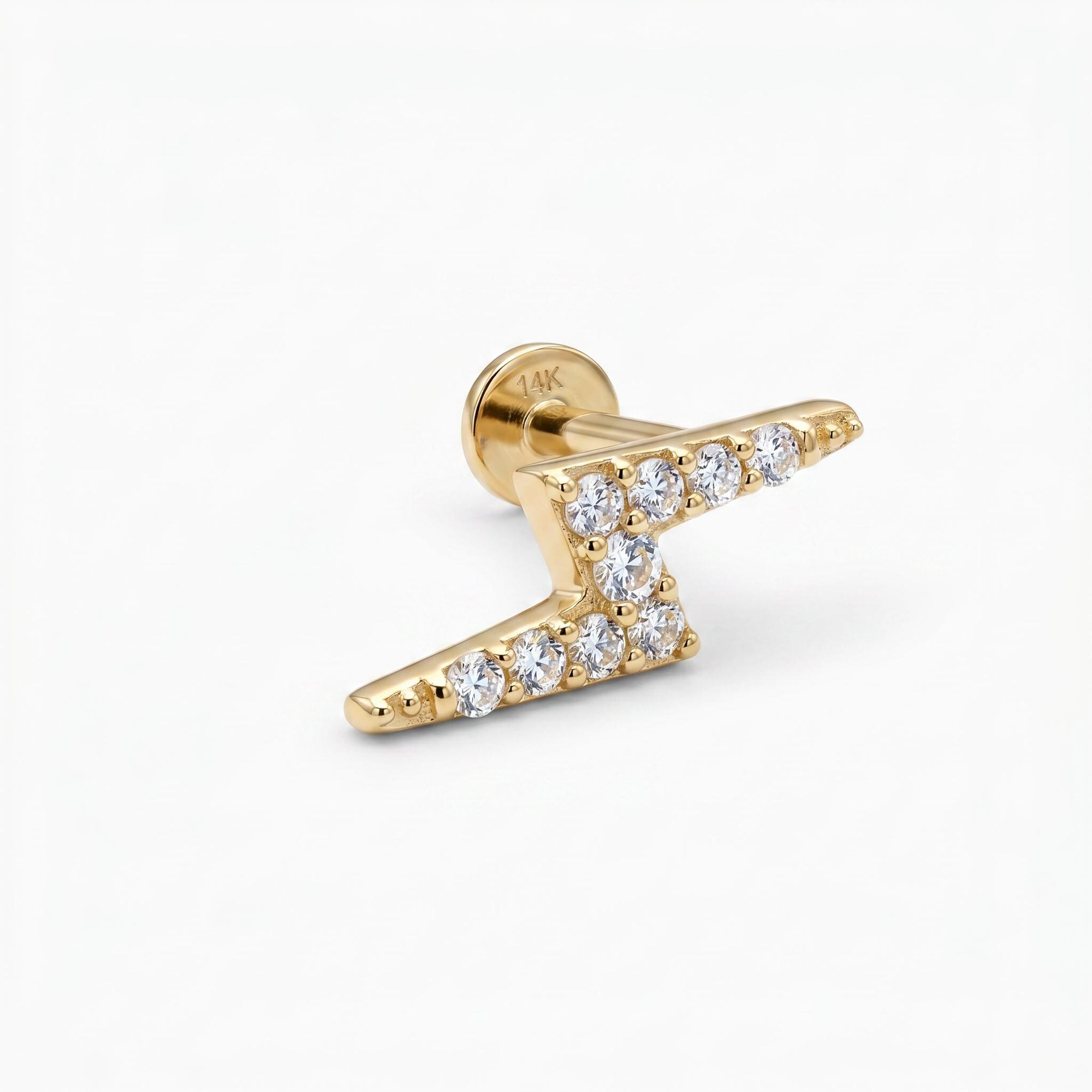 Lightning Bolt Flat Back Earring 14k Solid Gold, CZ Lightning Bolt Jewelry (SINGLE or PAIR)