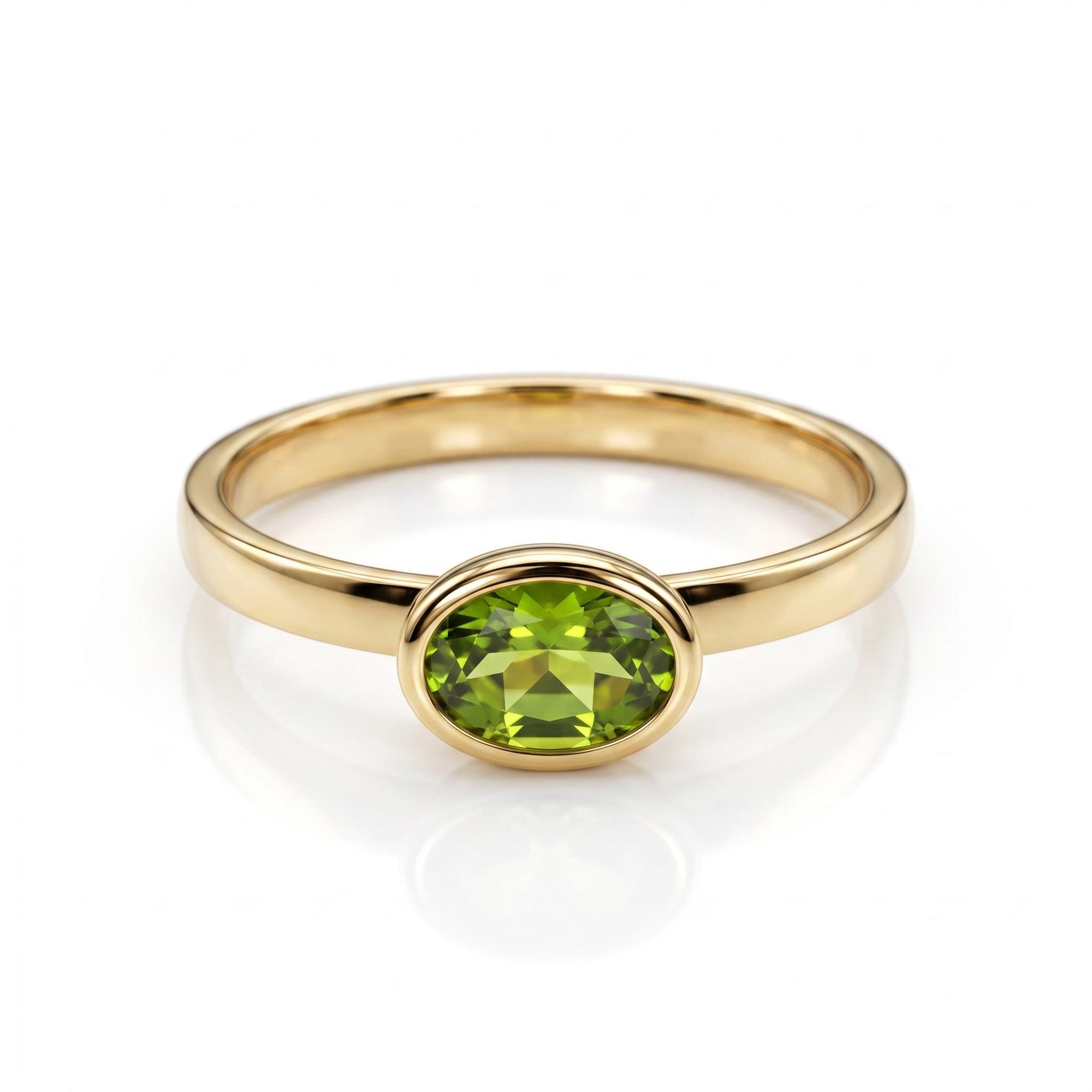 East West Peridot Ring 14k Solid Gold, Oval Bezel Peridot Ring