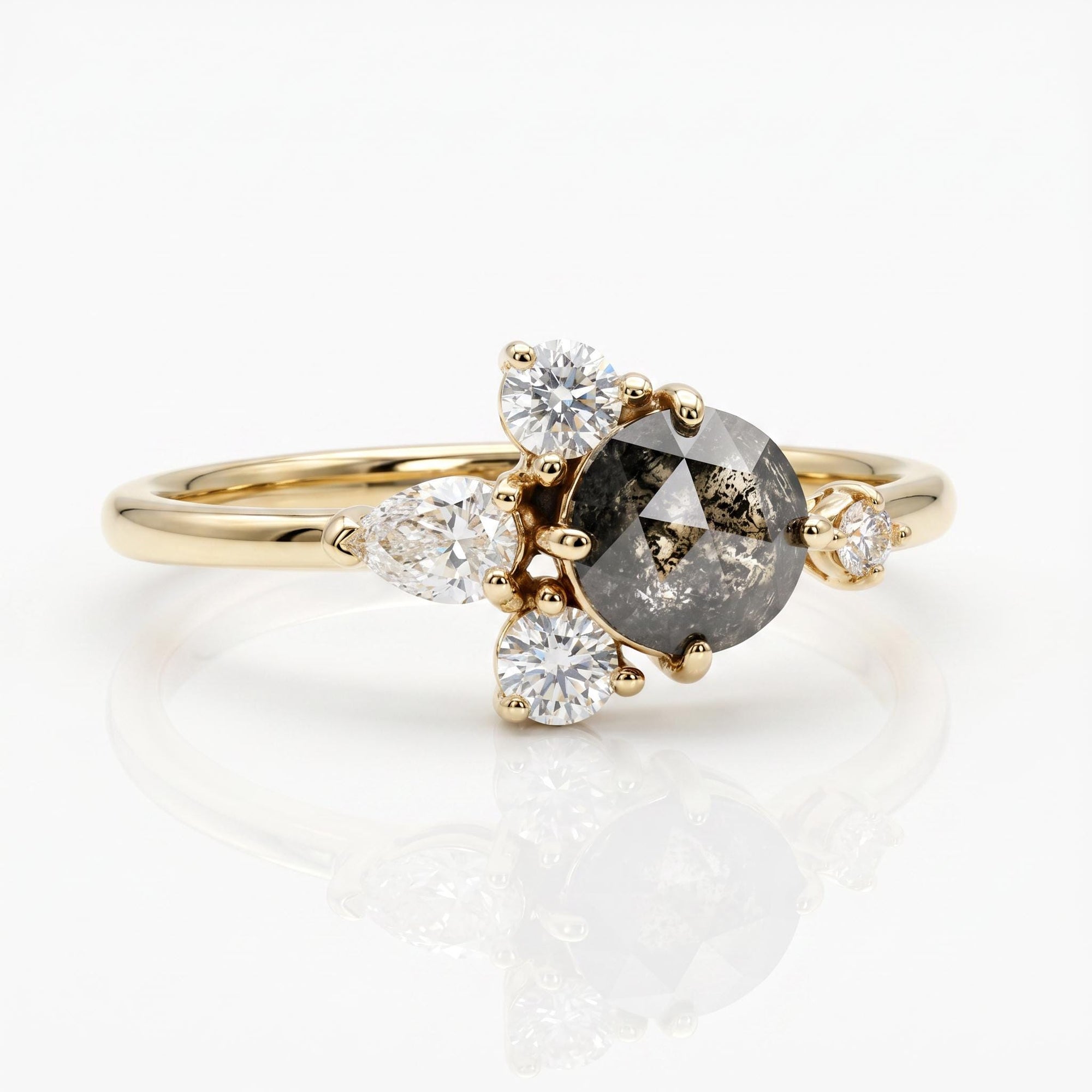 Handcrafted Rose Cut Salt and Pepper Diamond Cluster Ring - Melt'm Jewelry