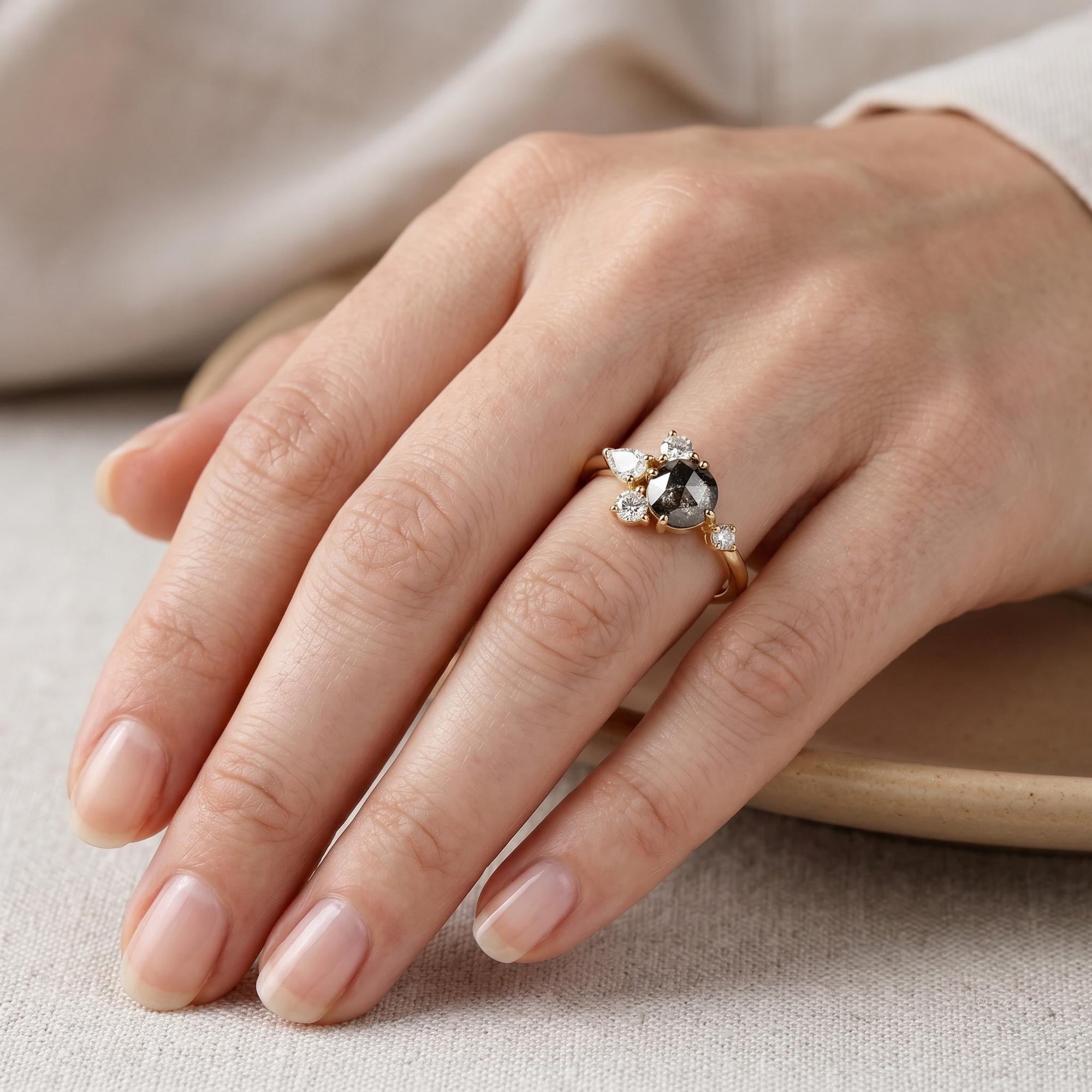 Handcrafted Rose Cut Salt and Pepper Diamond Cluster Ring - Melt'm Jewelry