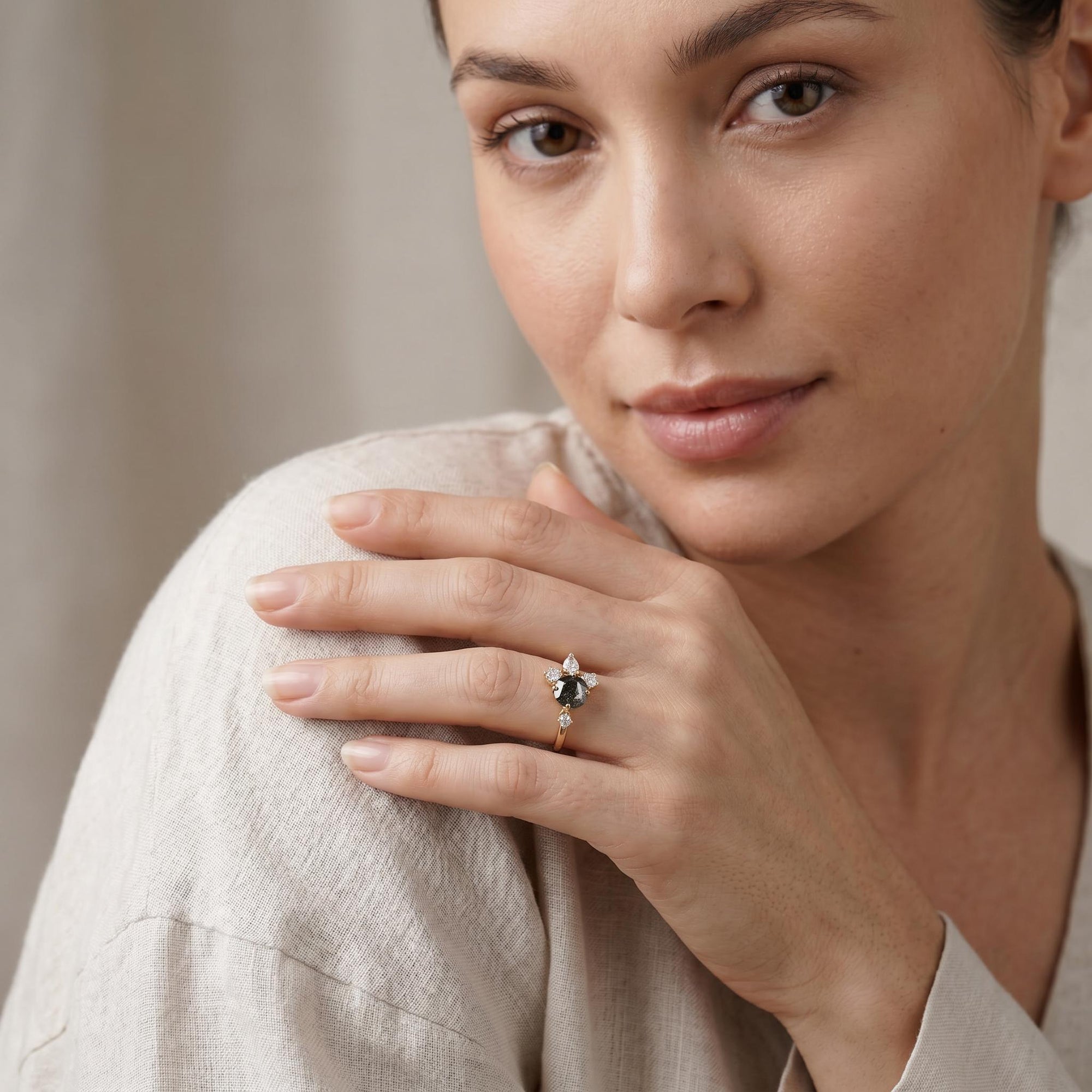 Handcrafted Rose Cut Salt and Pepper Diamond Cluster Ring - Melt'm Jewelry