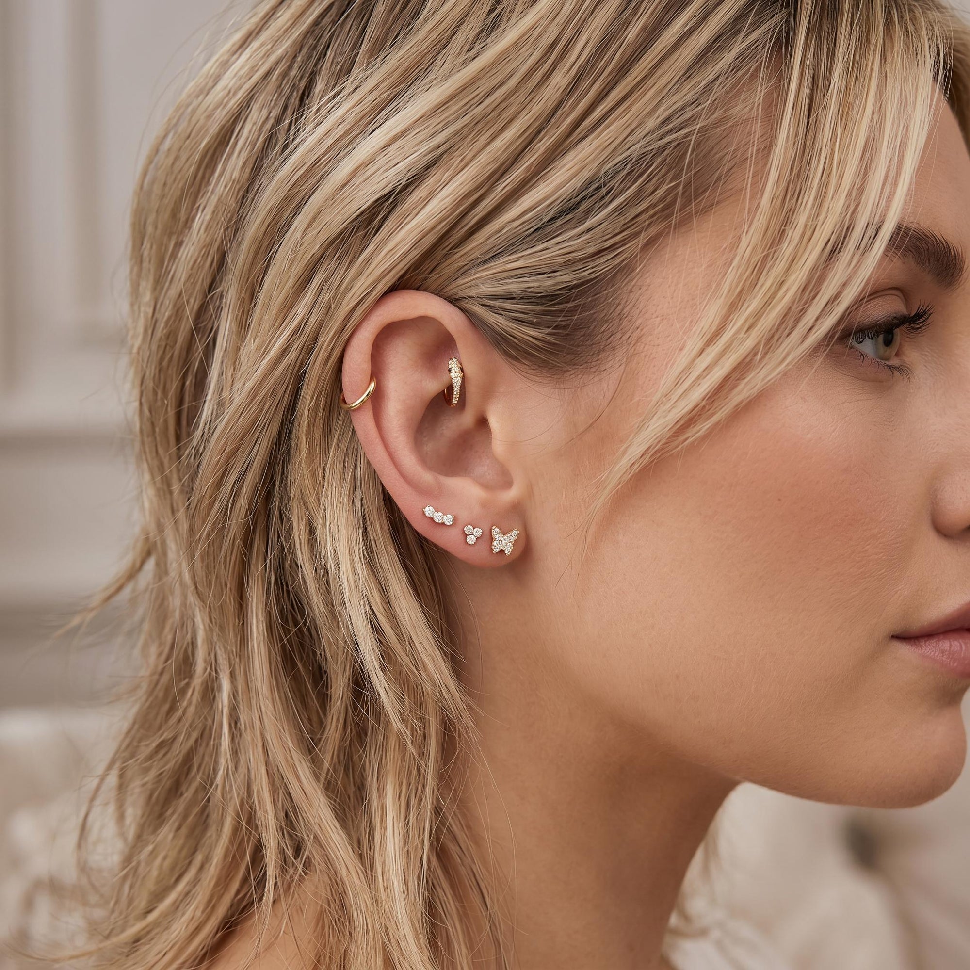 Three Stone Bar Ear Piercing 14k Solid Gold, Flat Back Earrings (SINGLE or PAIR) - Melt'm Jewelry
