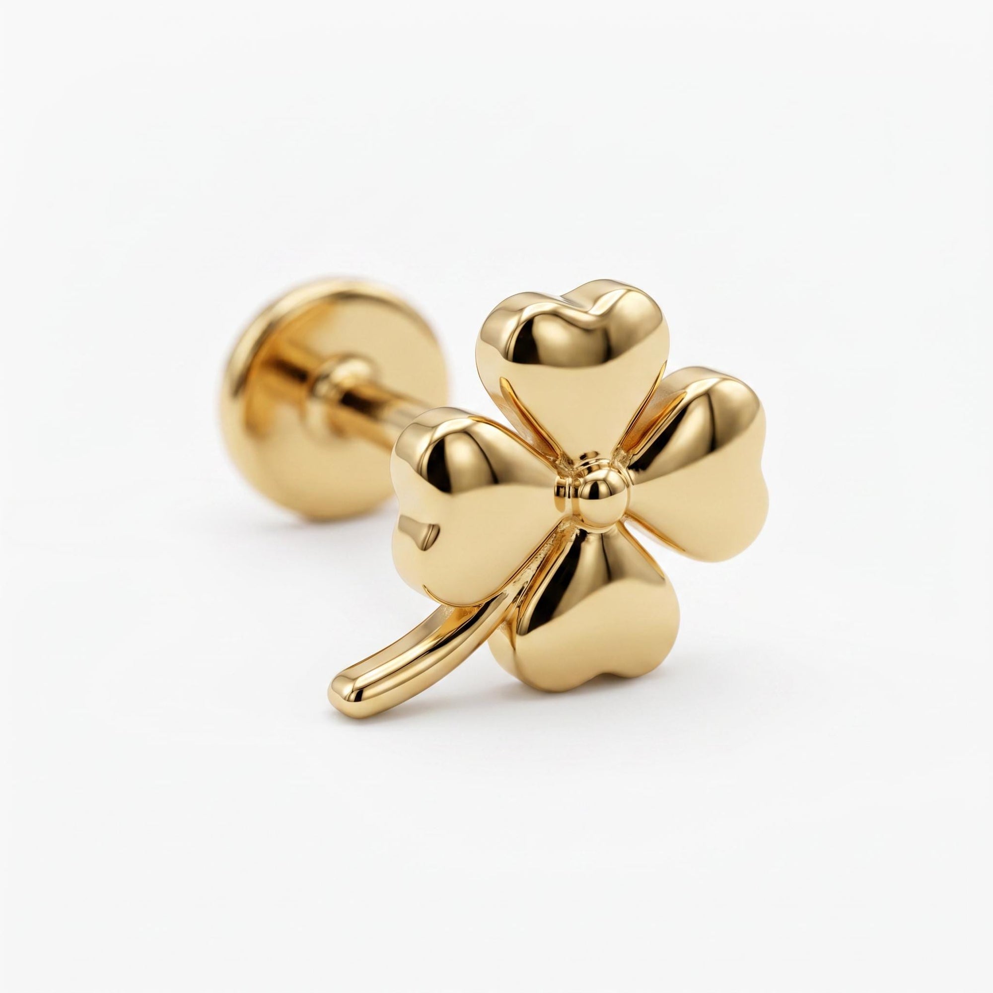 Four Leaf Clover Flat Back Stud 14k Solid Gold, Luck Symbol Stack Earrings - Melt'm Jewelry