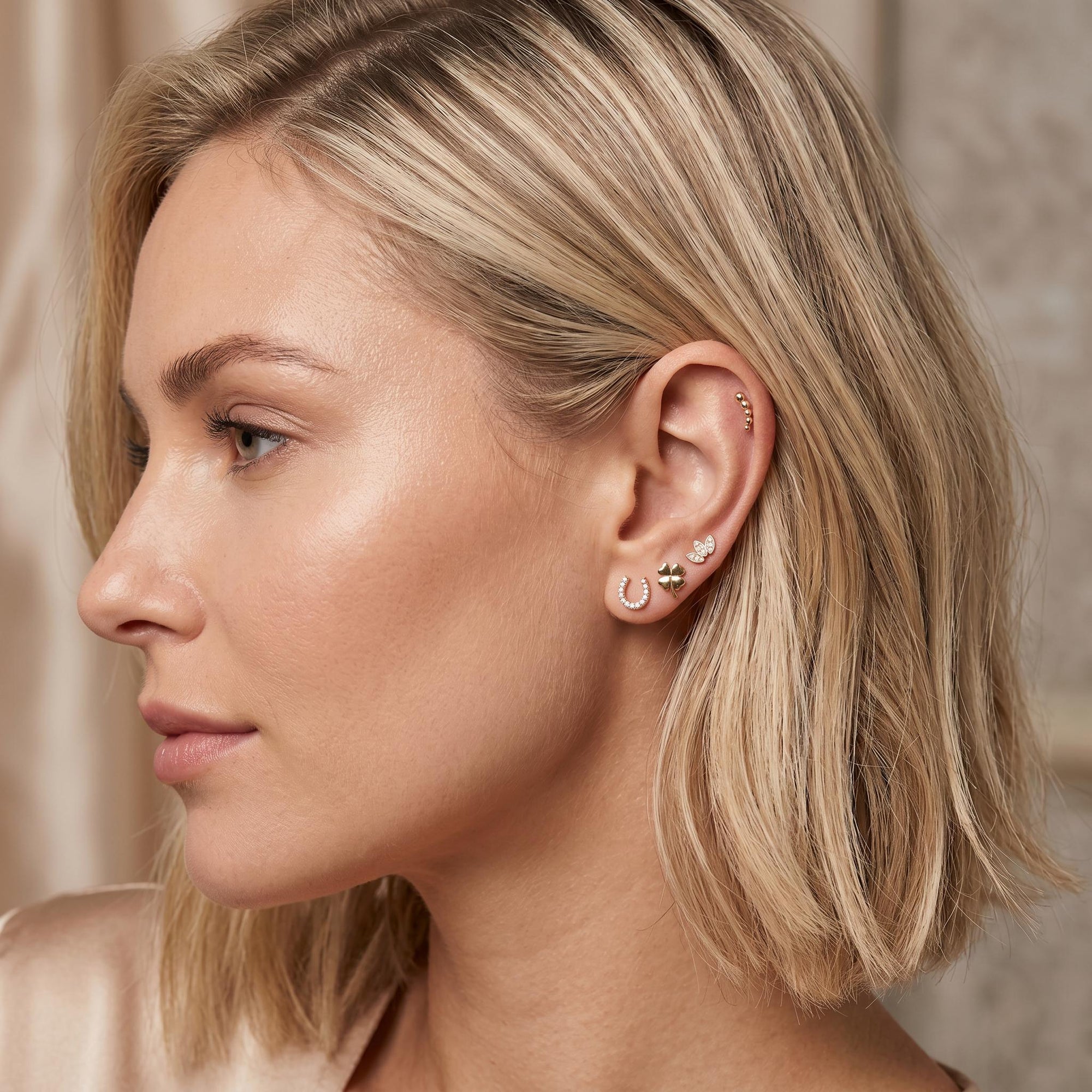 Four Leaf Clover Flat Back Stud 14k Solid Gold, Luck Symbol Stack Earrings - Melt'm Jewelry