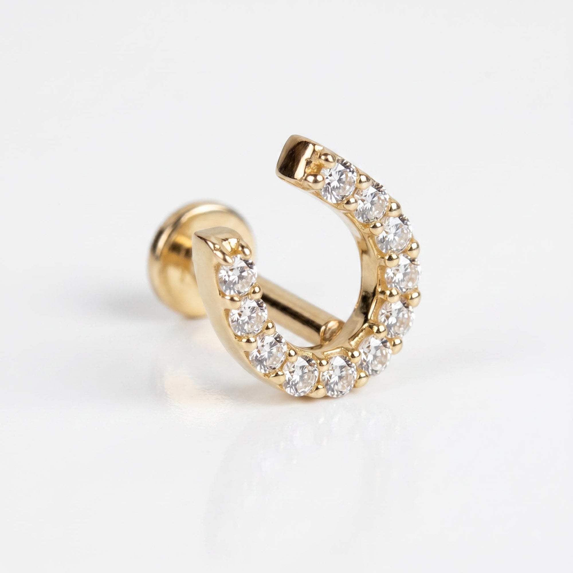 Cz Horseshoe Earring 14k Solid Gold, Internally Threaded Flat Back Cartilage Earring - Melt'm Jewelry