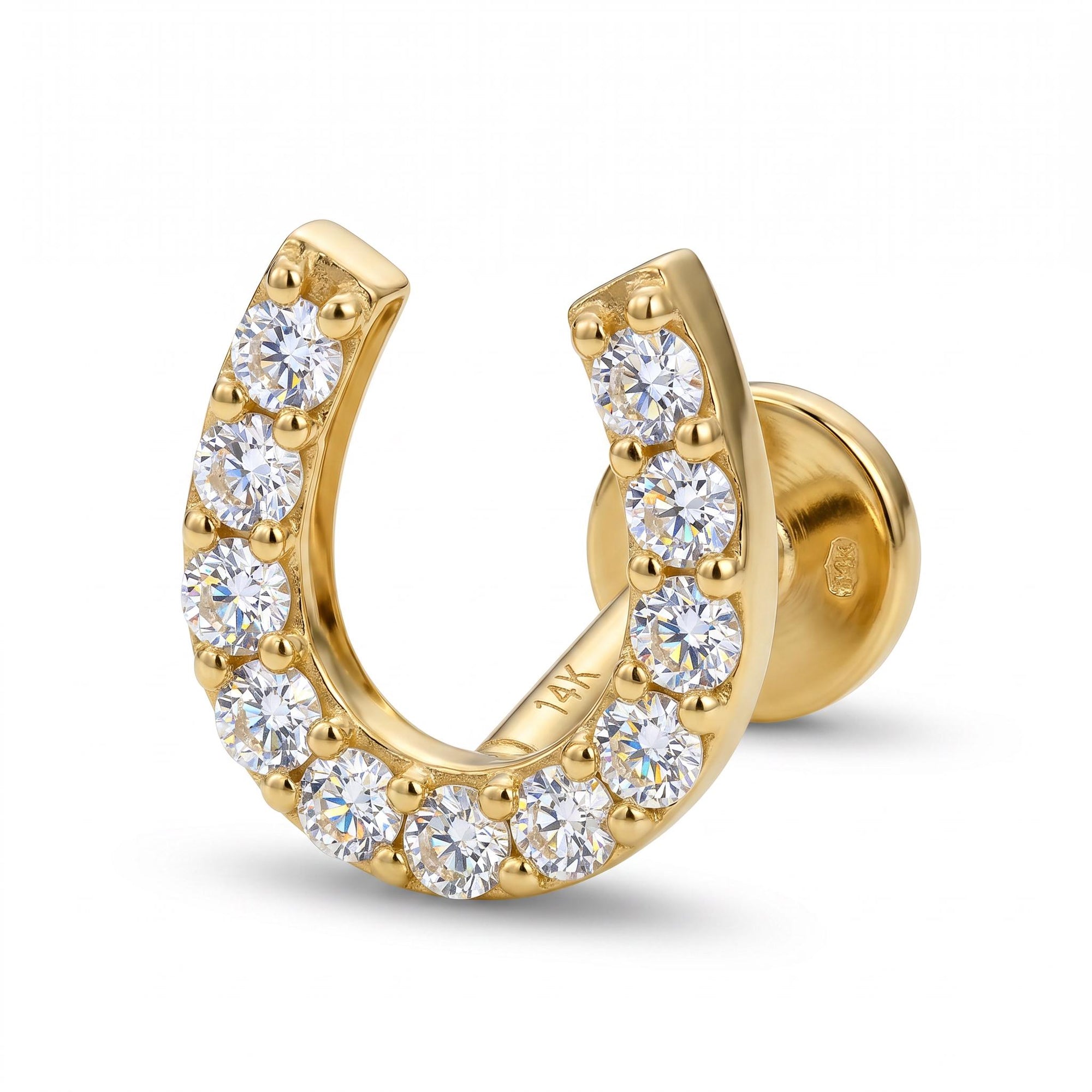 Cz Horseshoe Earring 14k Solid Gold, Internally Threaded Flat Back Cartilage Earring - Melt'm Jewelry