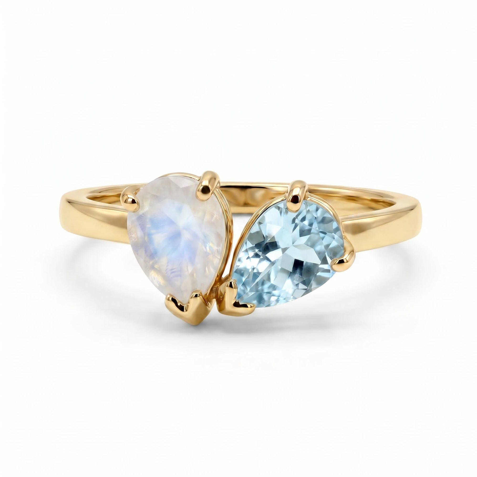Toi et Moi Ring 14k Gold, Moonstone &amp; Aquamarine Engagement Ring, You and Me Ring - Melt'm Jewelry