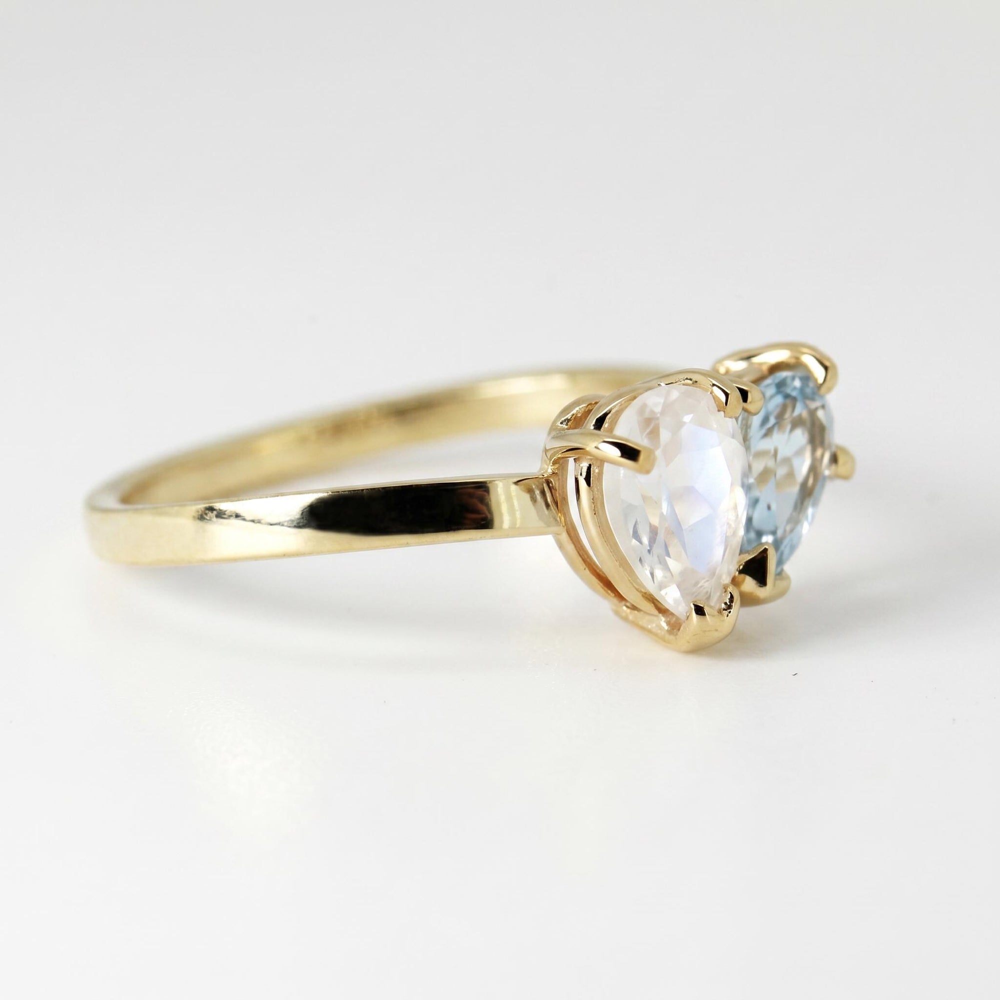 Toi et Moi Ring 14k Gold, Moonstone &amp; Aquamarine Engagement Ring, You and Me Ring - Melt'm Jewelry