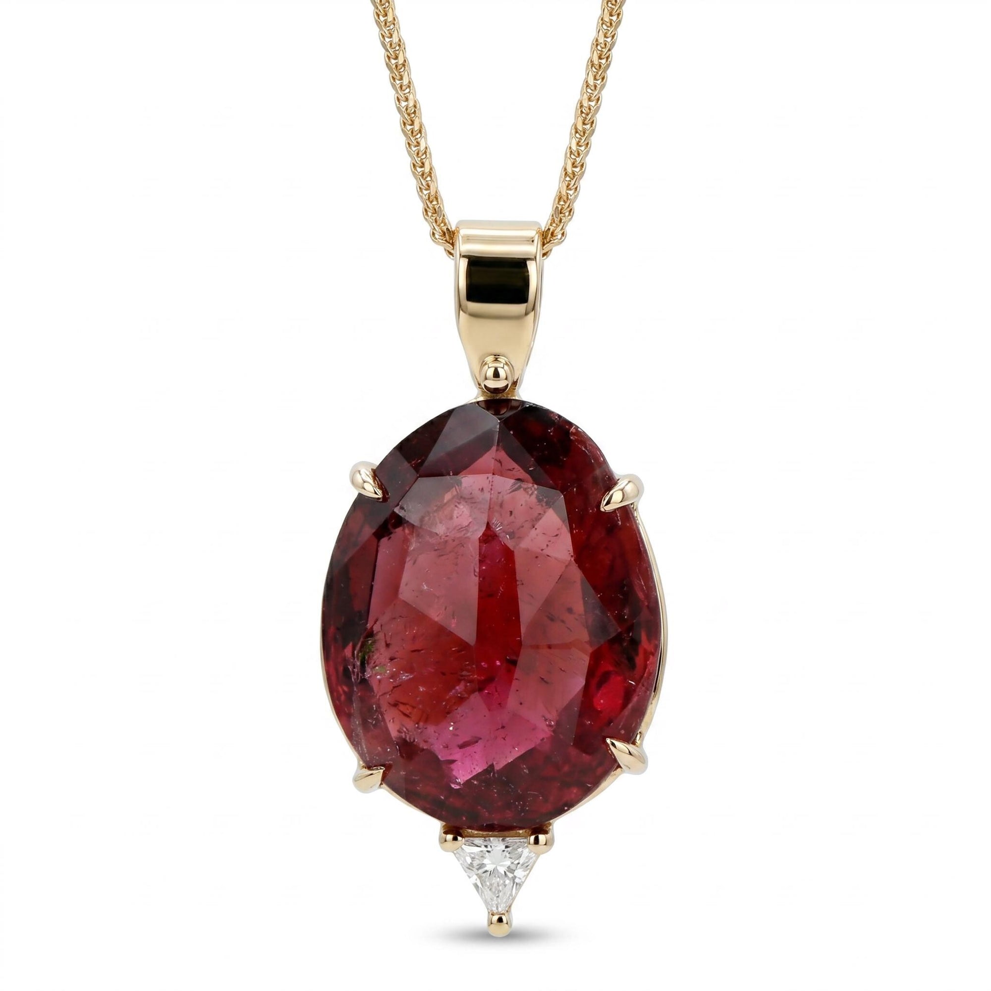 Pink Tourmaline Necklace 14k Gold, Rose Cut Tourmaline and Triangle Diamond Pendant - Melt'm Jewelry