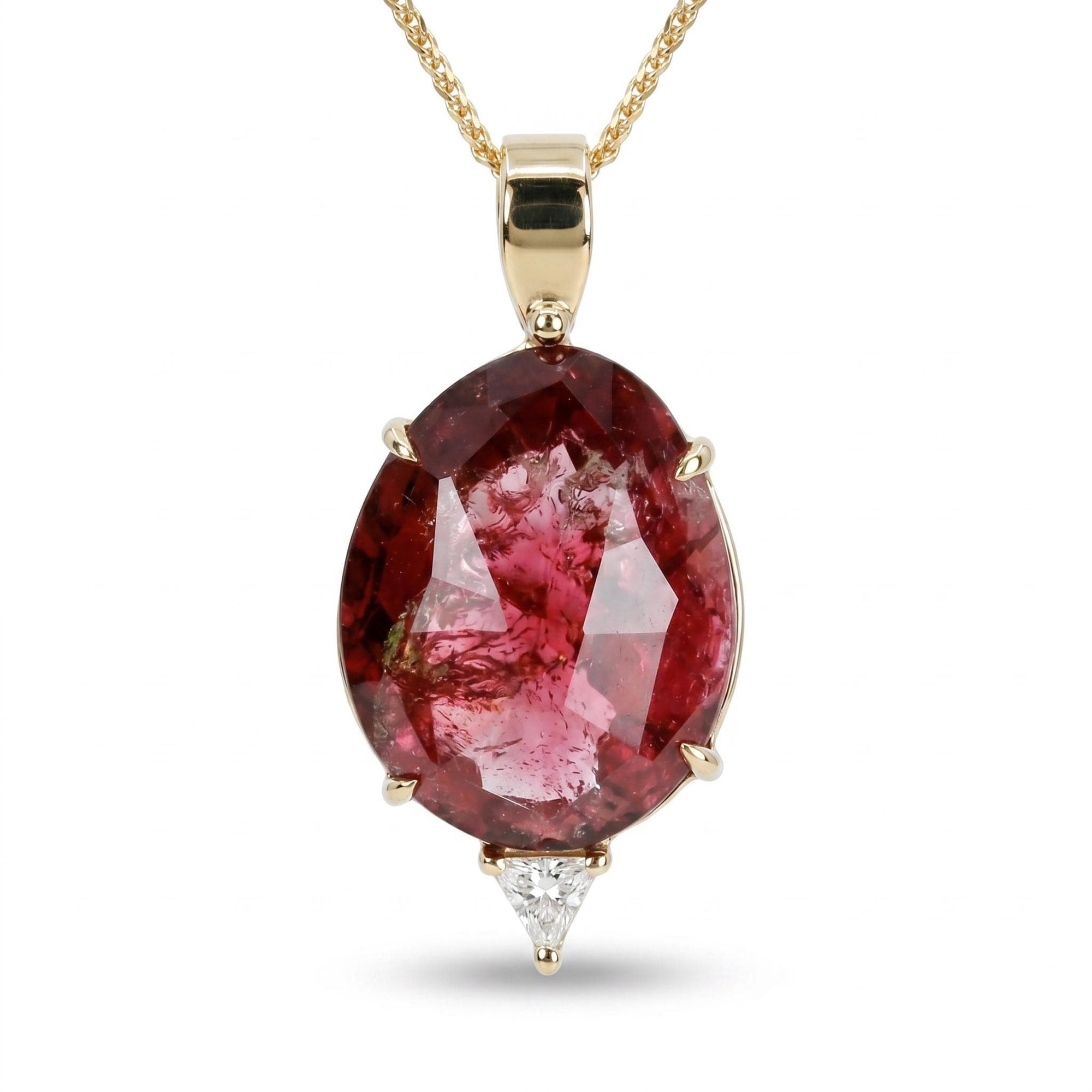 Pink Tourmaline Necklace 14k Gold, Rose Cut Tourmaline and Triangle Diamond Pendant - Melt'm Jewelry