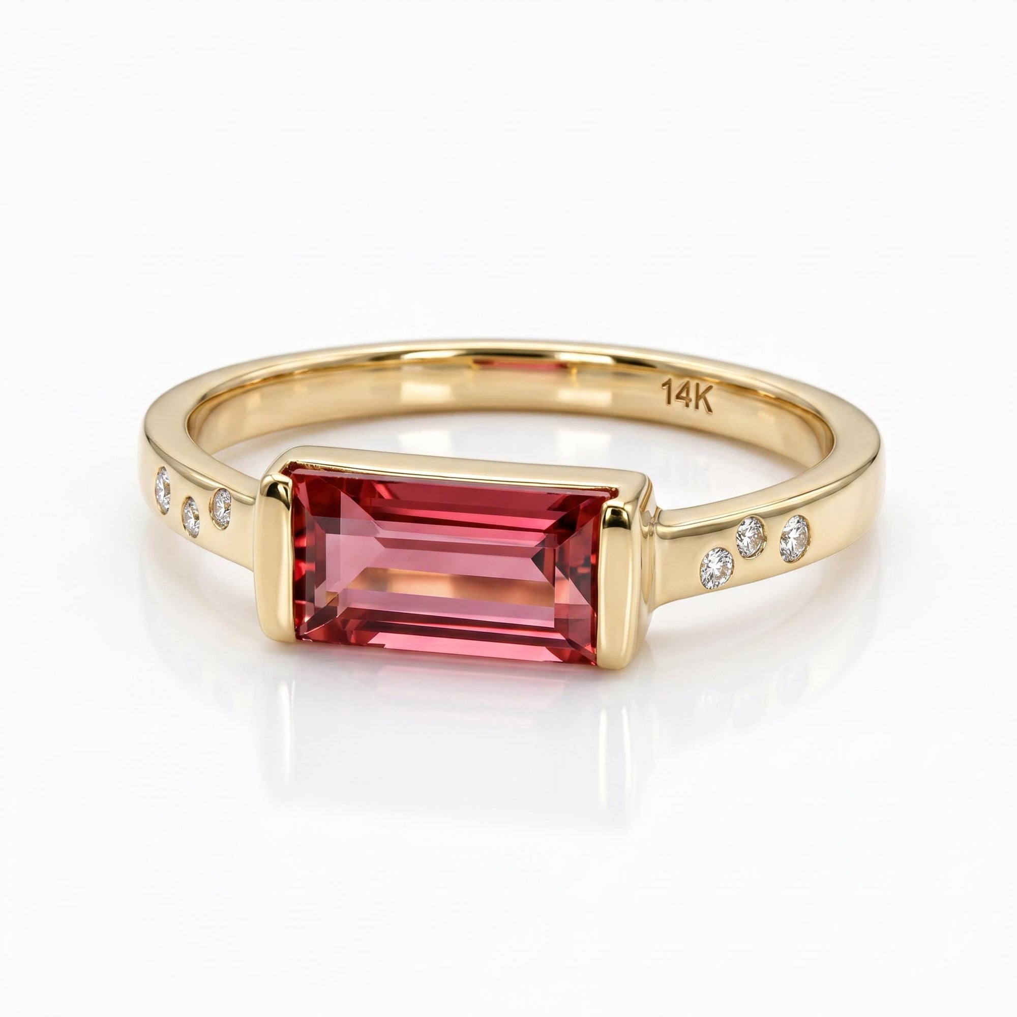 Baguette Pink Tourmaline Ring in 14k Gold, October Birthstone Jewelry