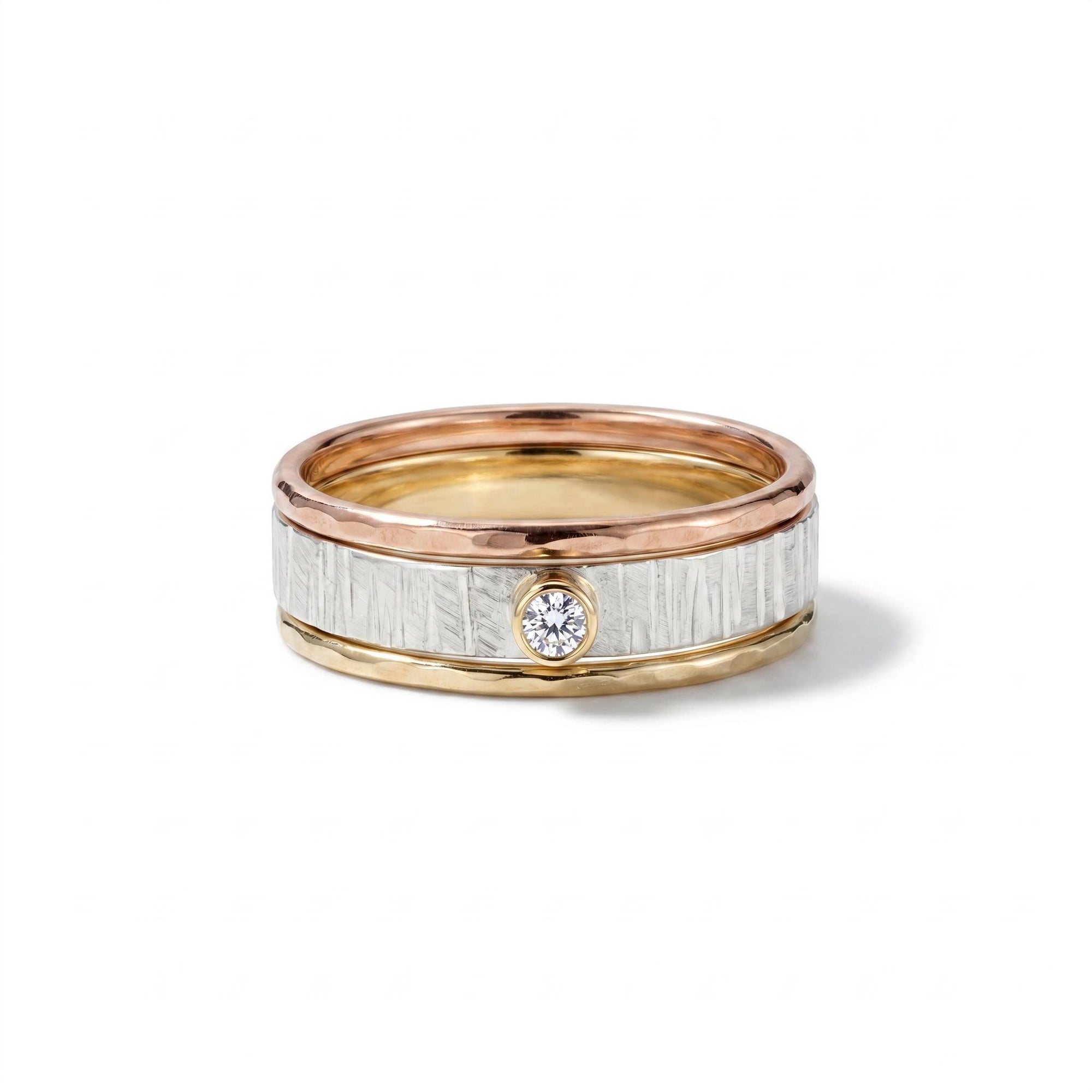 Silver, Gold and Rose Gold Set of 3 Ring with Diamond