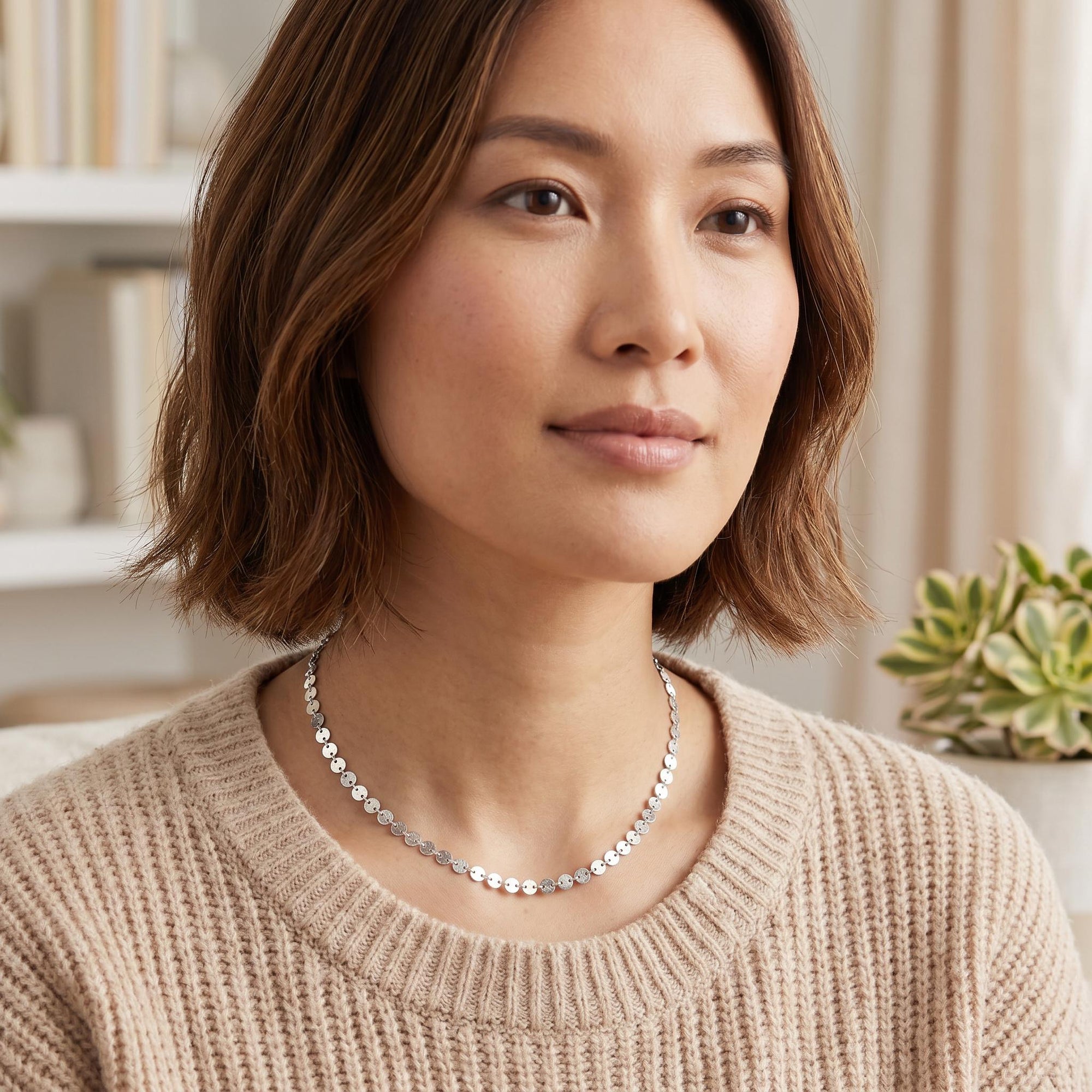 Dainty Sterling Silver Choker Necklace – Sequin Chain Minimalist Necklace, Simple Layering Jewelry Gift for Her