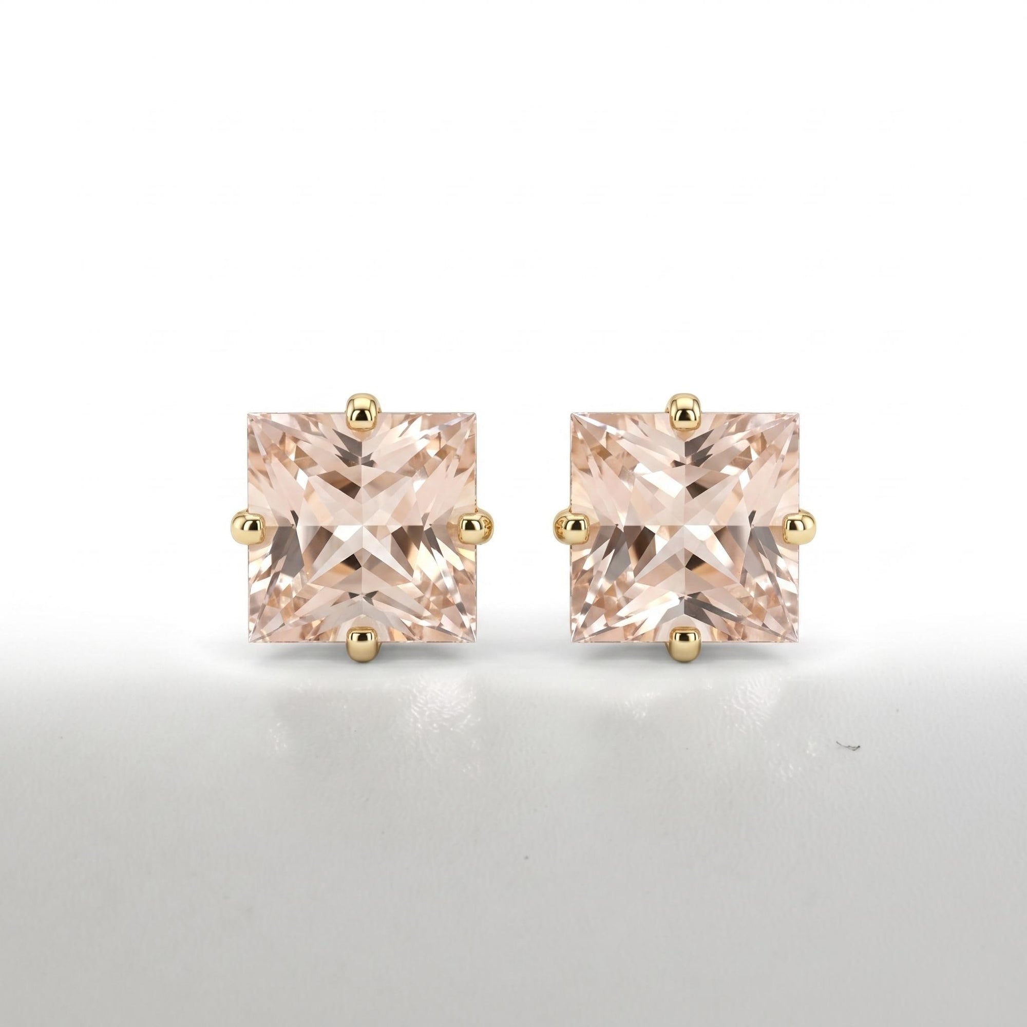 Princess Cut Morganite Stud Earrings 6mm in 14K Solid Gold | Square Pink Gemstone Earrings | Minimalist 4 Prong Studs - Melt'm Jewelry