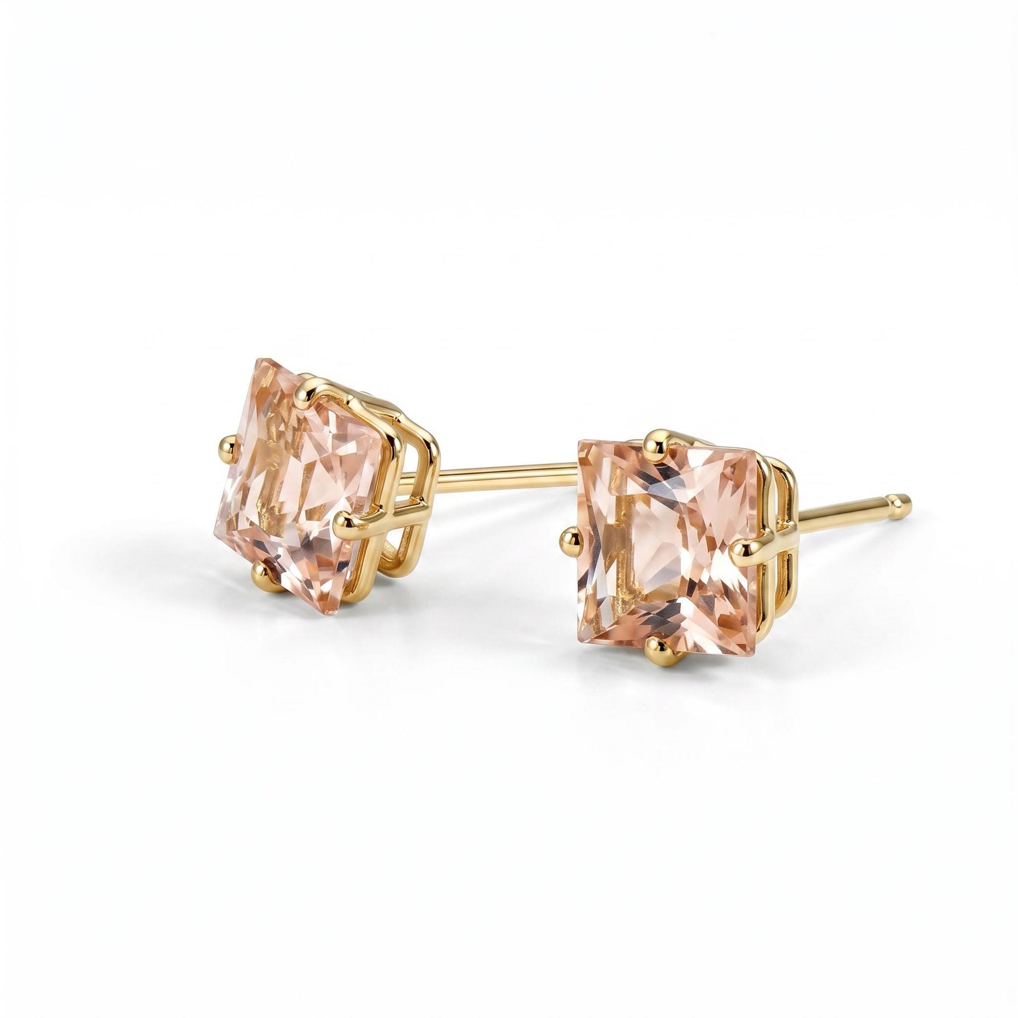 Princess Cut Morganite Stud Earrings 6mm in 14K Solid Gold | Square Pink Gemstone Earrings | Minimalist 4 Prong Studs