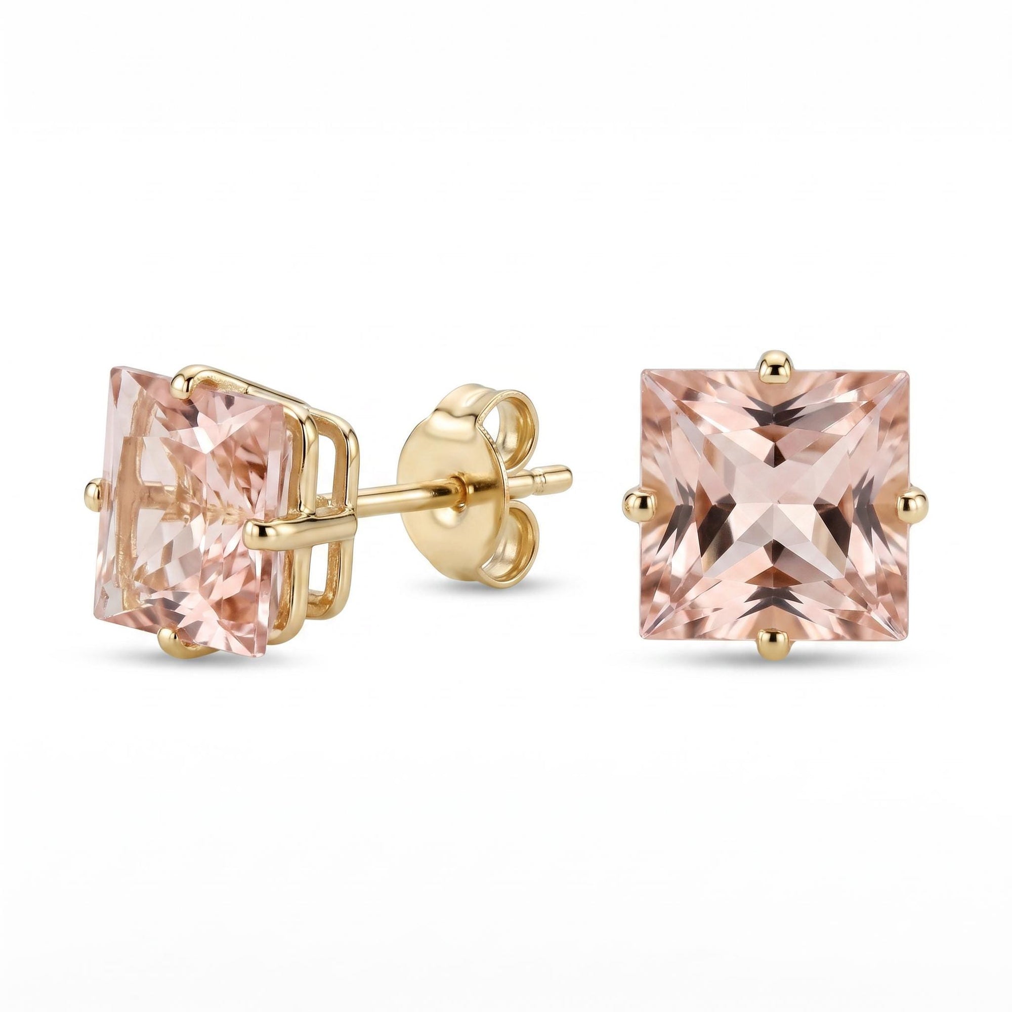 Princess Cut Morganite Stud Earrings 6mm in 14K Solid Gold | Square Pink Gemstone Earrings | Minimalist 4 Prong Studs - Melt'm Jewelry
