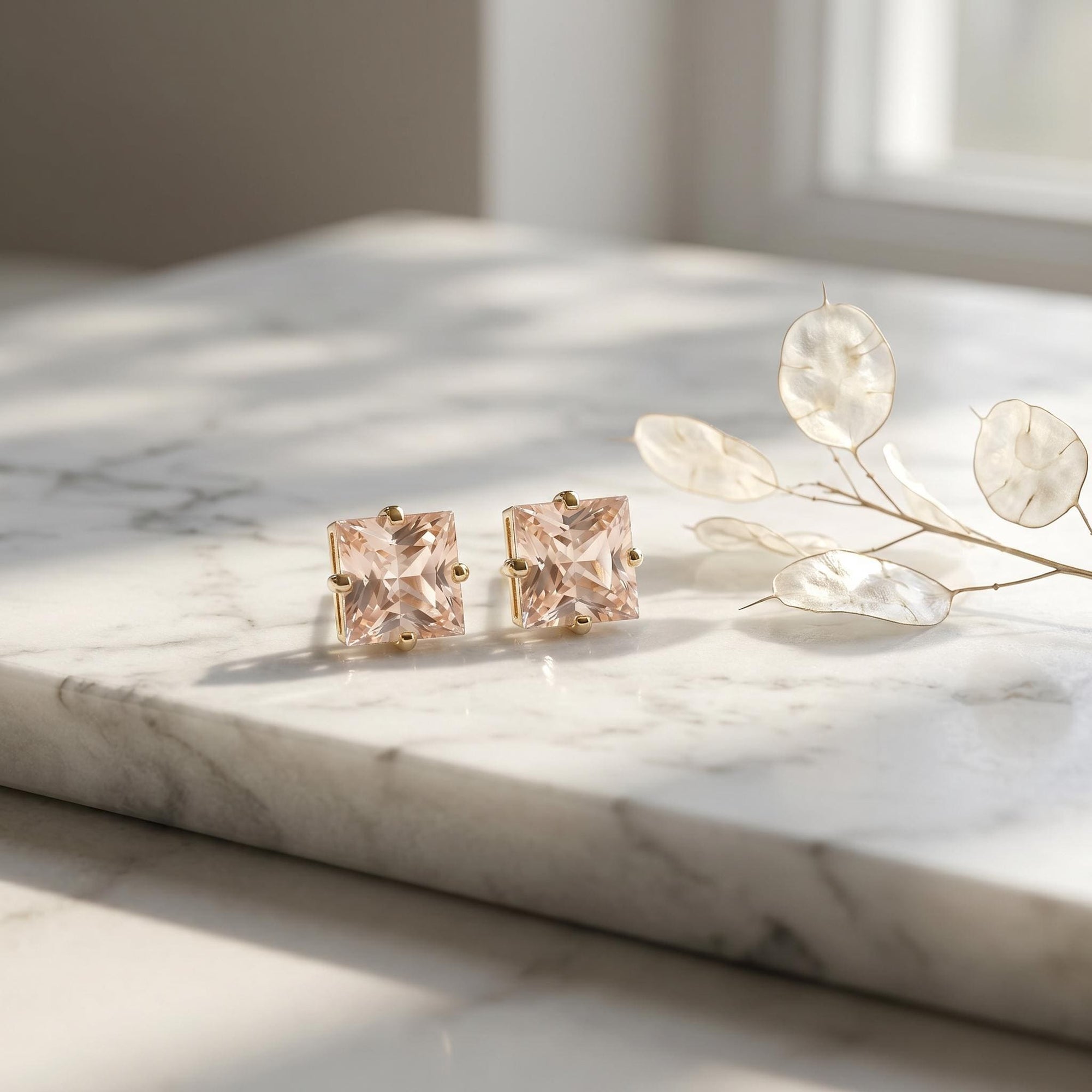 Princess Cut Morganite Stud Earrings 6mm in 14K Solid Gold | Square Pink Gemstone Earrings | Minimalist 4 Prong Studs