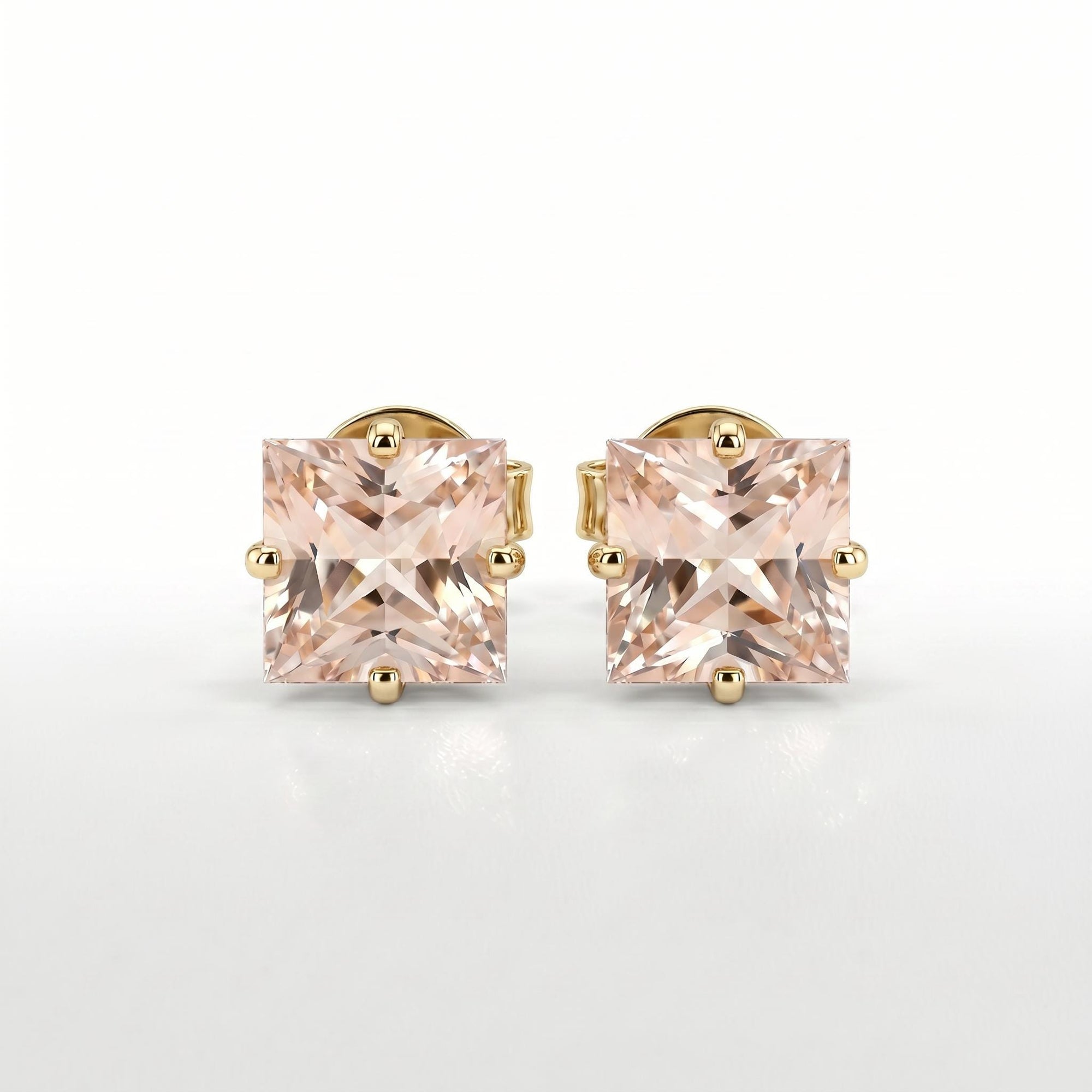 Princess Cut Morganite Stud Earrings 6mm in 14K Solid Gold | Square Pink Gemstone Earrings | Minimalist 4 Prong Studs - Melt'm Jewelry