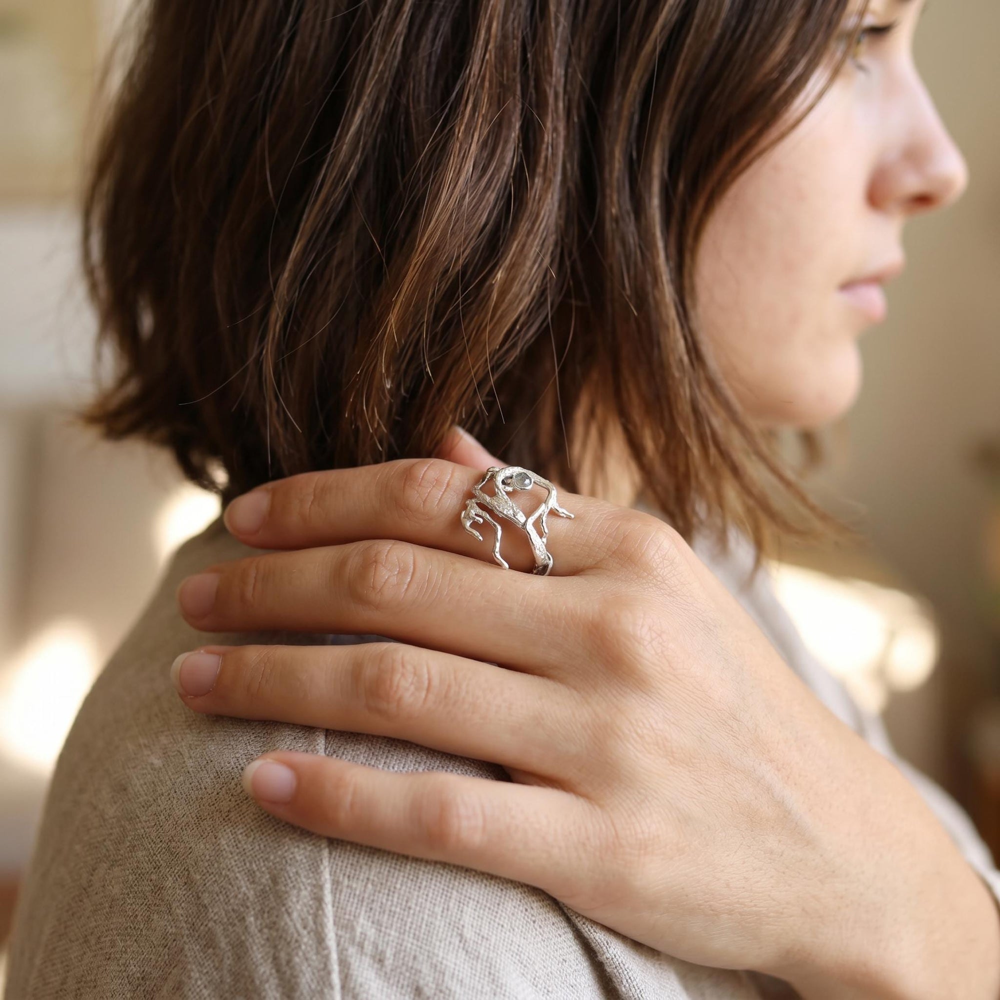 Gemstone Twig Ring, Sterling Silver Branch Ring, Birthstone Nature Ring, Botanical Jewelry Nature Lover Gift, Tree Ring, Boho Statement Ring - Melt'm Jewelry