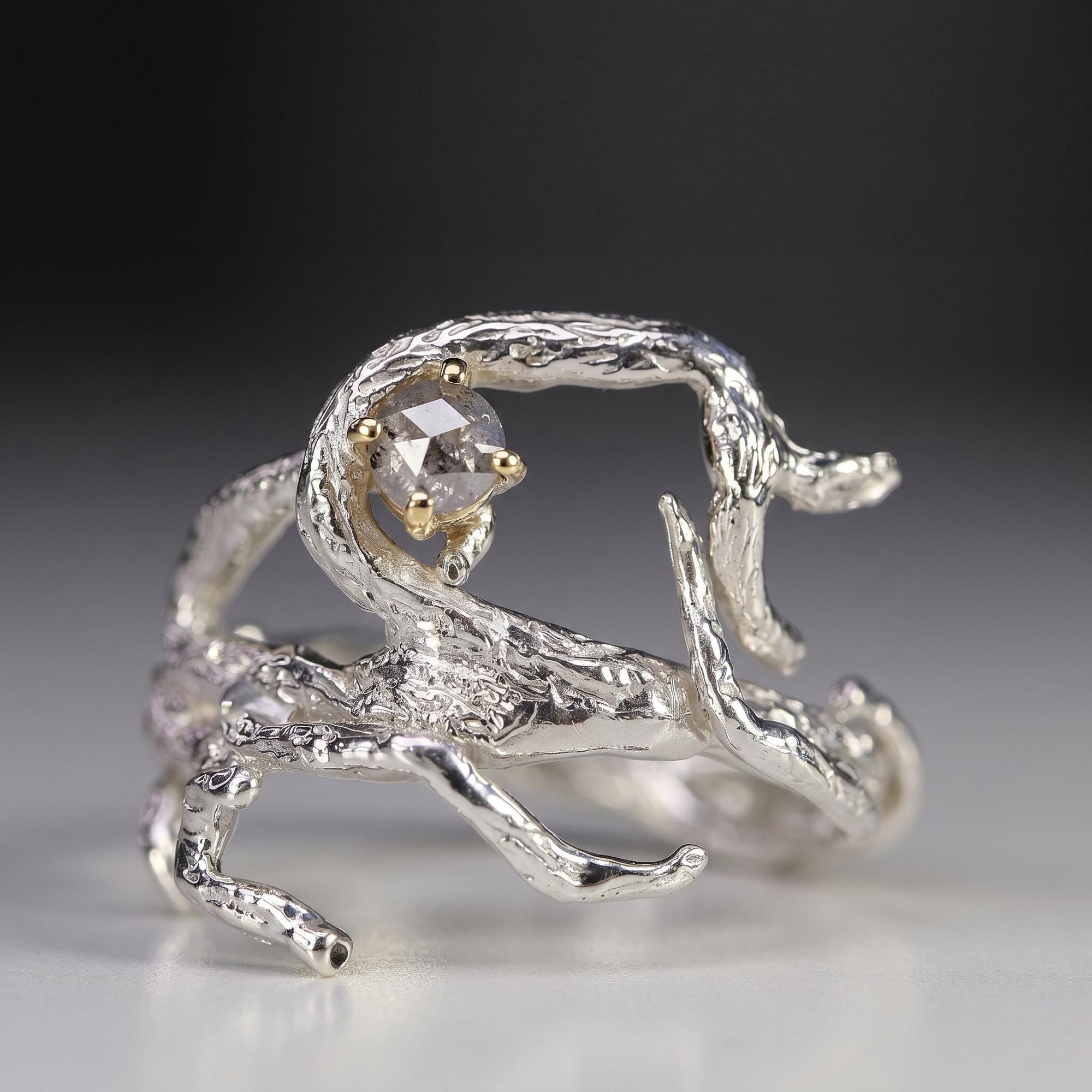 Salt and Pepper Diamond Twig Ring