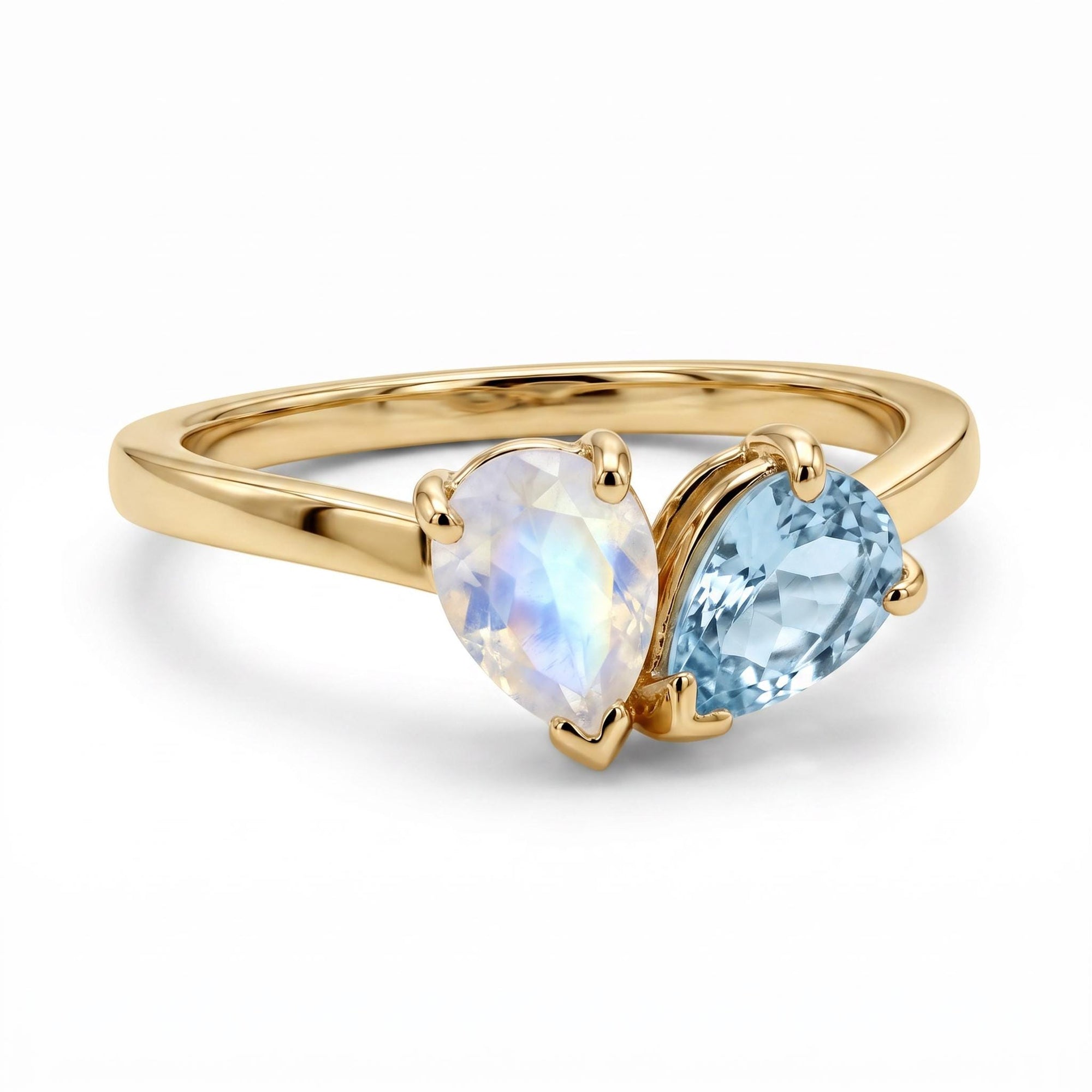 Toi et Moi Ring 14k Gold, Moonstone & Aquamarine Engagement Ring, You and Me Ring
