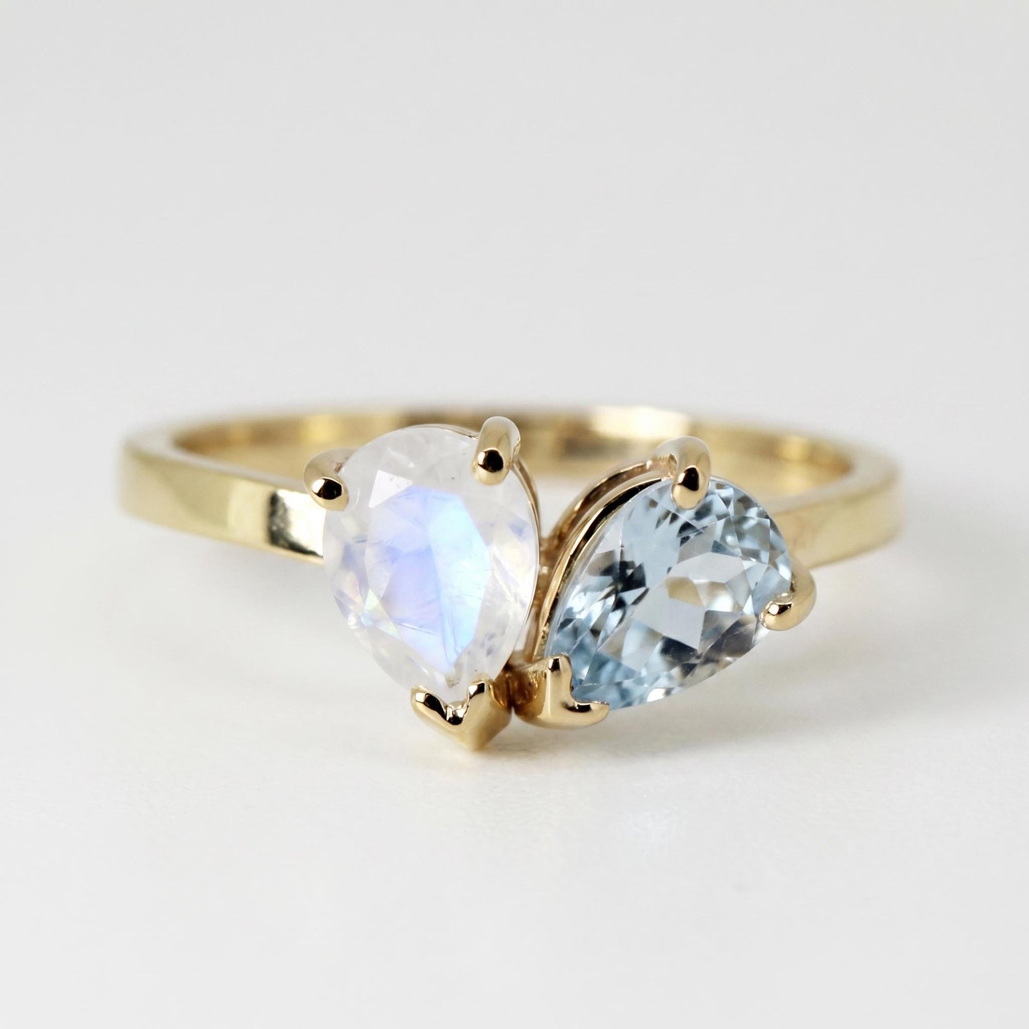 Toi et Moi Ring 14k Gold, Moonstone &amp; Aquamarine Engagement Ring, You and Me Ring - Melt'm Jewelry