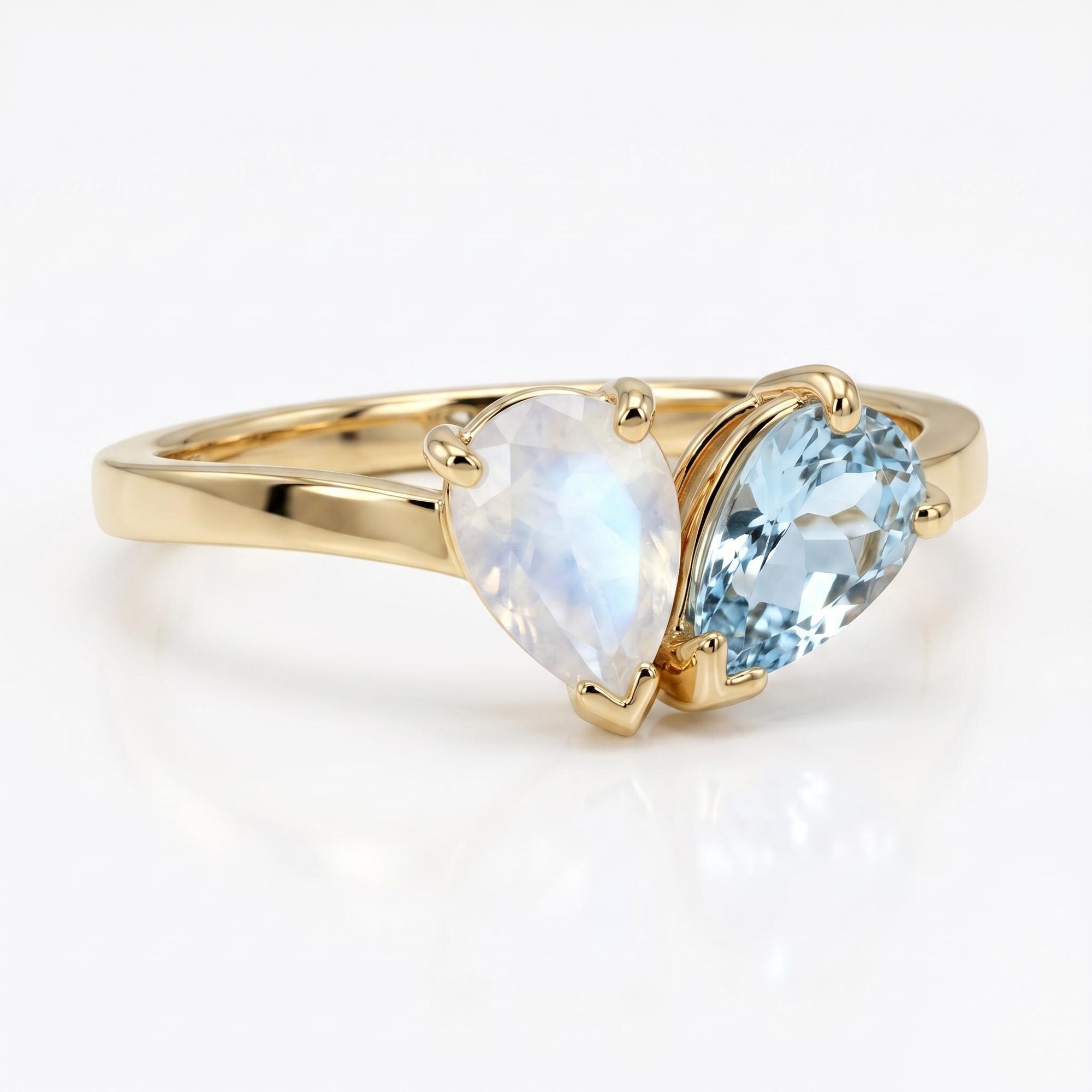 Toi et Moi Ring 14k Gold, Moonstone &amp; Aquamarine Engagement Ring, You and Me Ring - Melt'm Jewelry