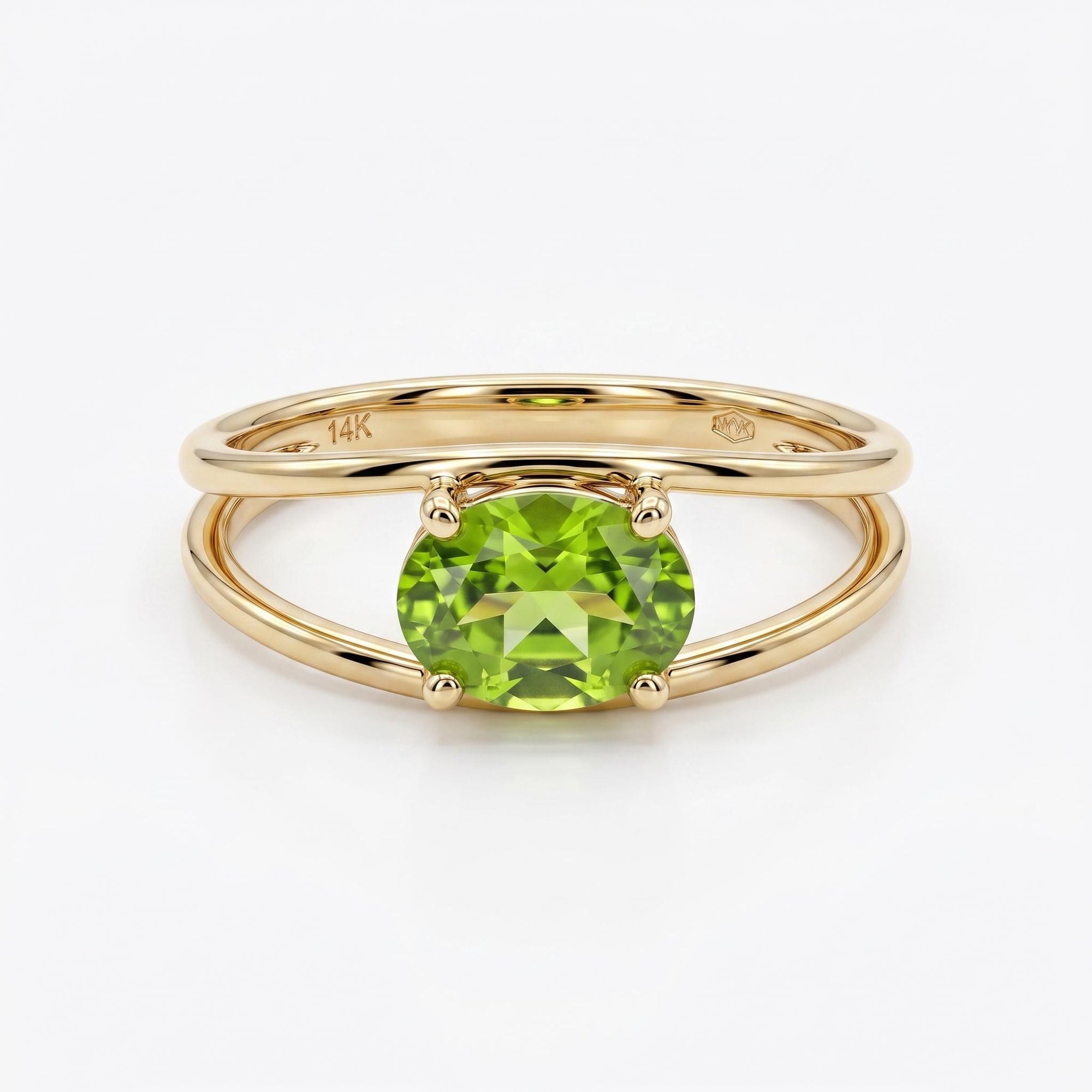 14k Gold Peridot Ring, Oval Engagement Ring, Double Band Ring - Melt'm Jewelry