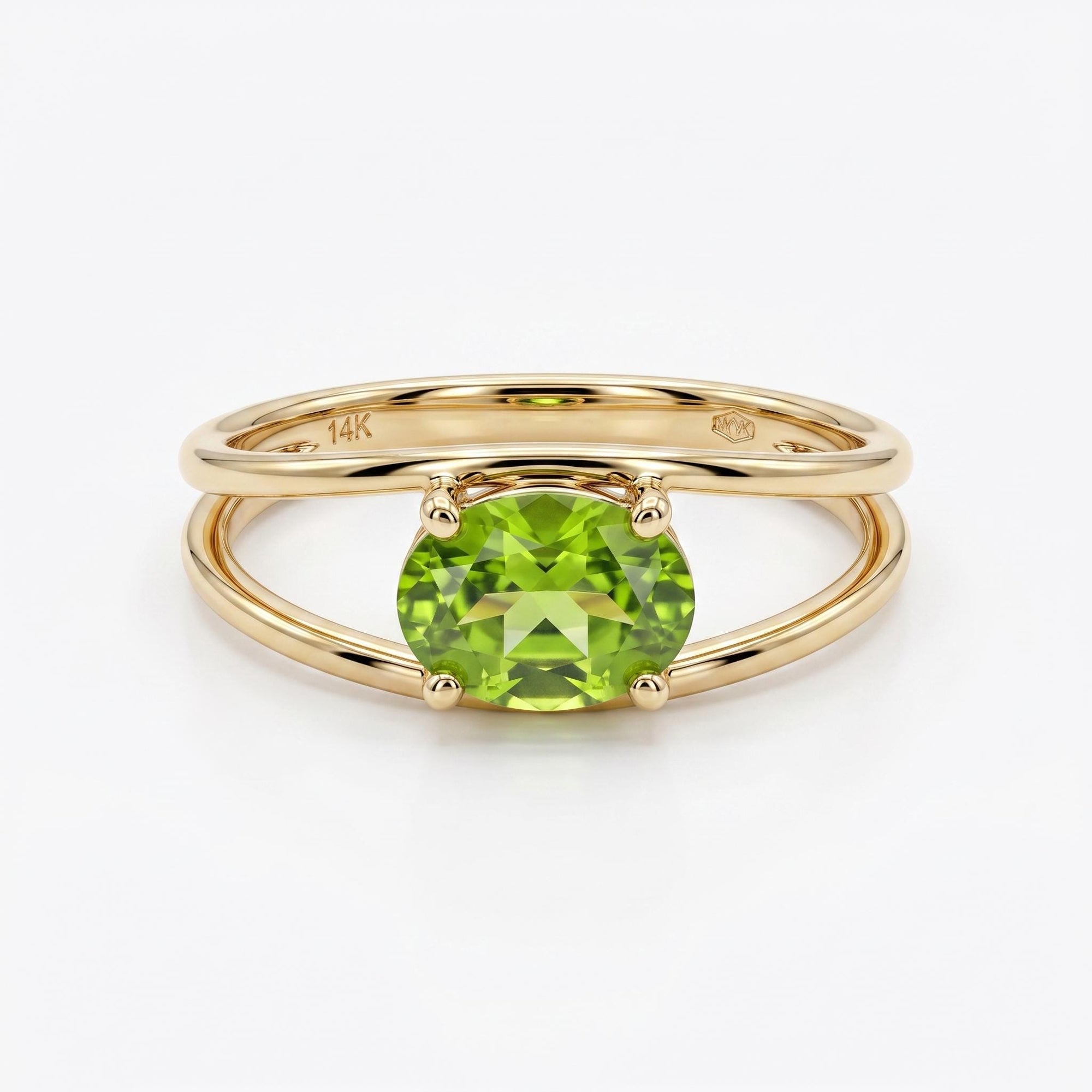 14k Gold Peridot Ring, Oval Engagement Ring, Double Band Ring - Melt'm Jewelry