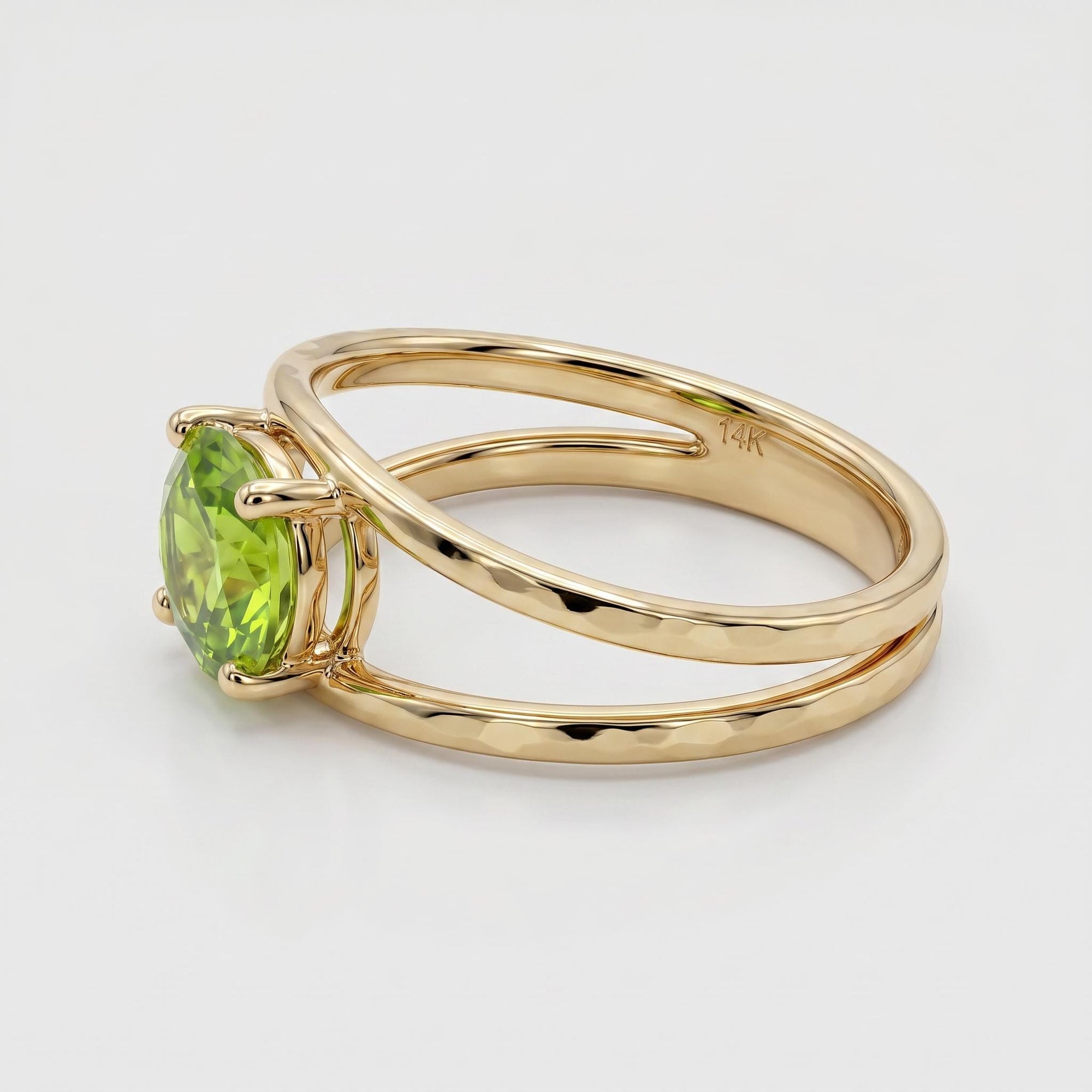 14k Gold Peridot Ring, Oval Engagement Ring, Double Band Ring - Melt'm Jewelry