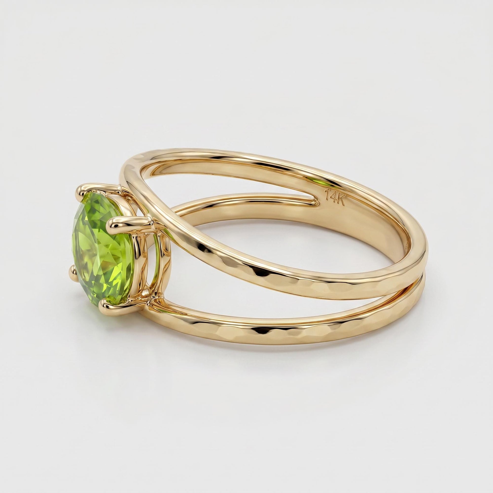 14k Gold Peridot Ring, Oval Engagement Ring, Double Band Ring - Melt'm Jewelry