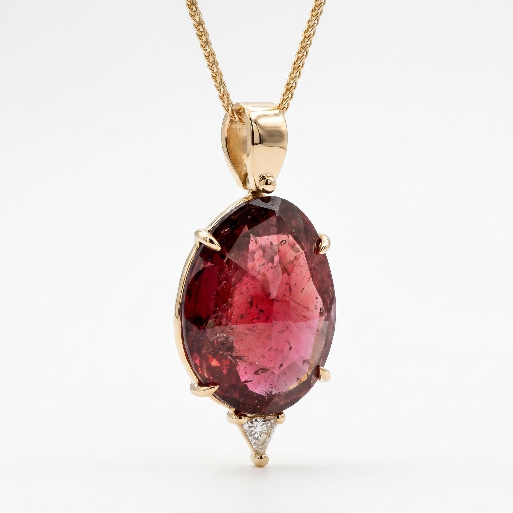 Pink Tourmaline Necklace 14k Gold, Rose Cut Tourmaline and Triangle Diamond Pendant - Melt'm Jewelry