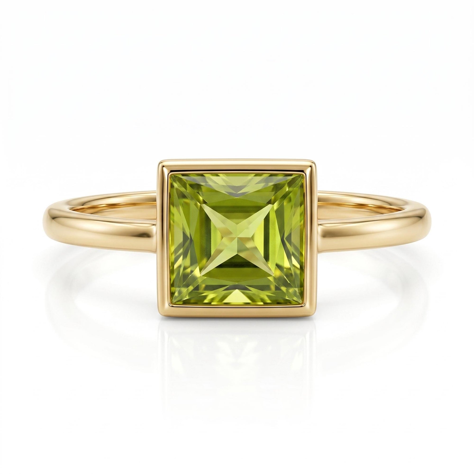 Princess Cut (Square) Peridot Ring 14k White Gold Bezel Setting - Melt'm Jewelry
