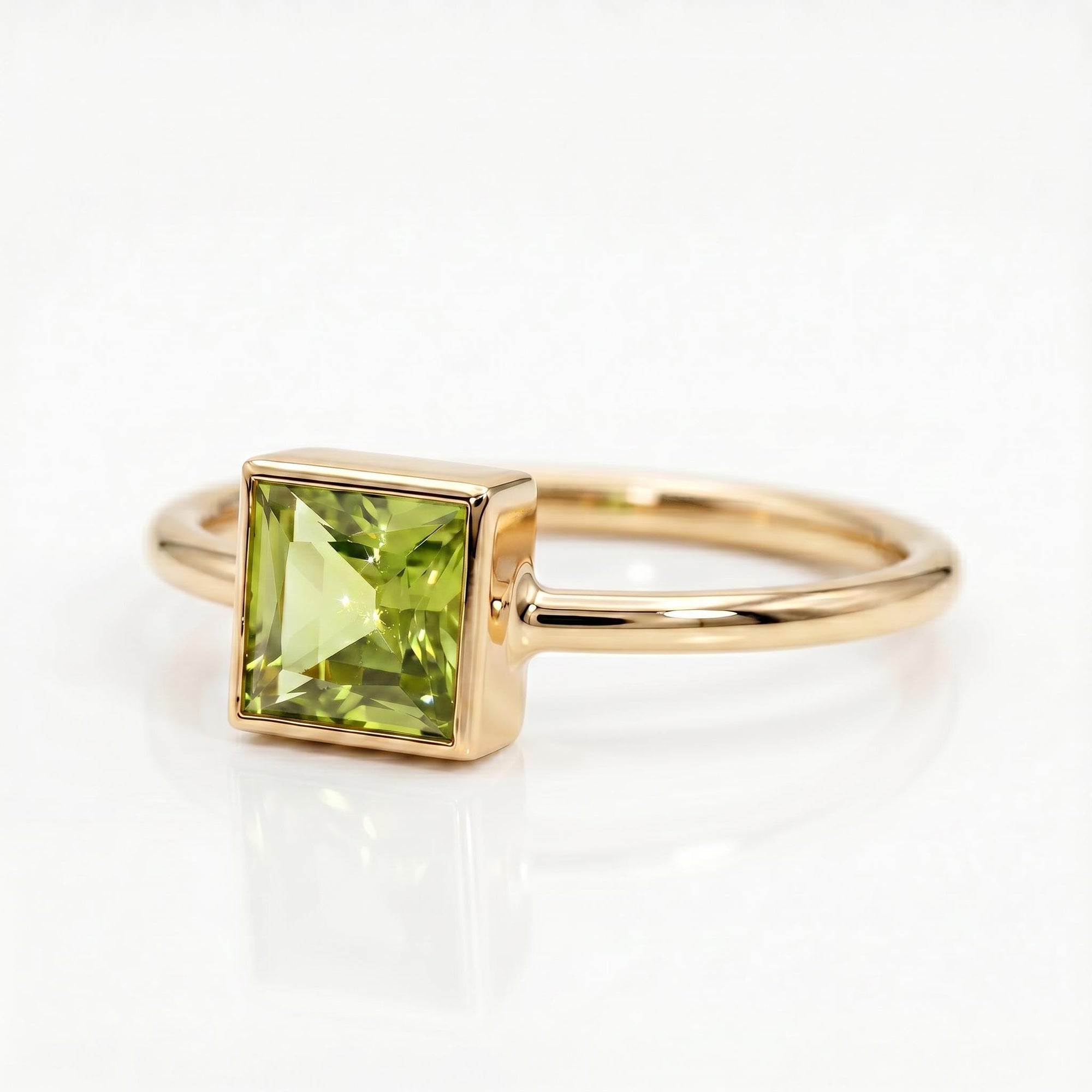 Princess Cut (Square) Peridot Ring 14k White Gold Bezel Setting - Melt'm Jewelry